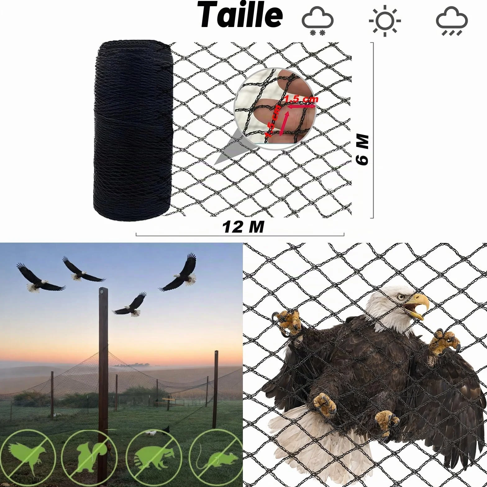Filet Anti-Oiseaux en Polyéthylène 6×12 m Maillage 1,5 cm Protection Jardin Arbres Fruitiers