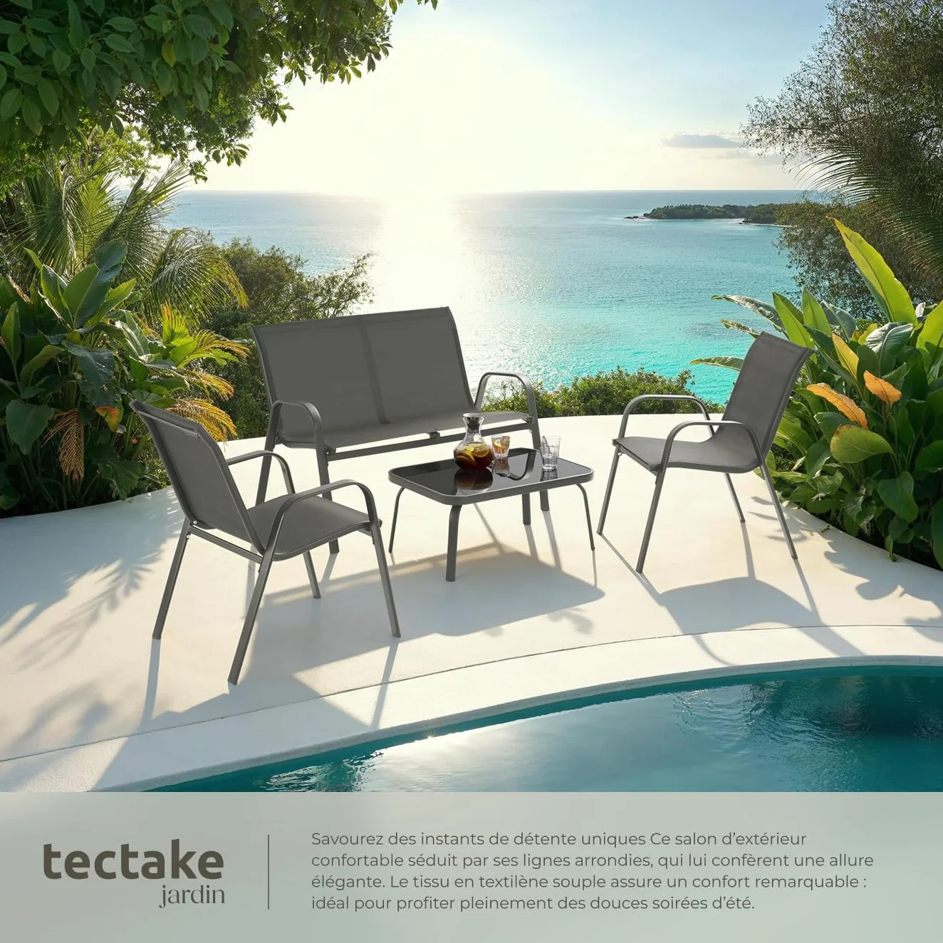 Tectake Salon de Jardin Extérieur 4 Personnes Canapé 2 Places 2 Fauteuil Table de Jardin