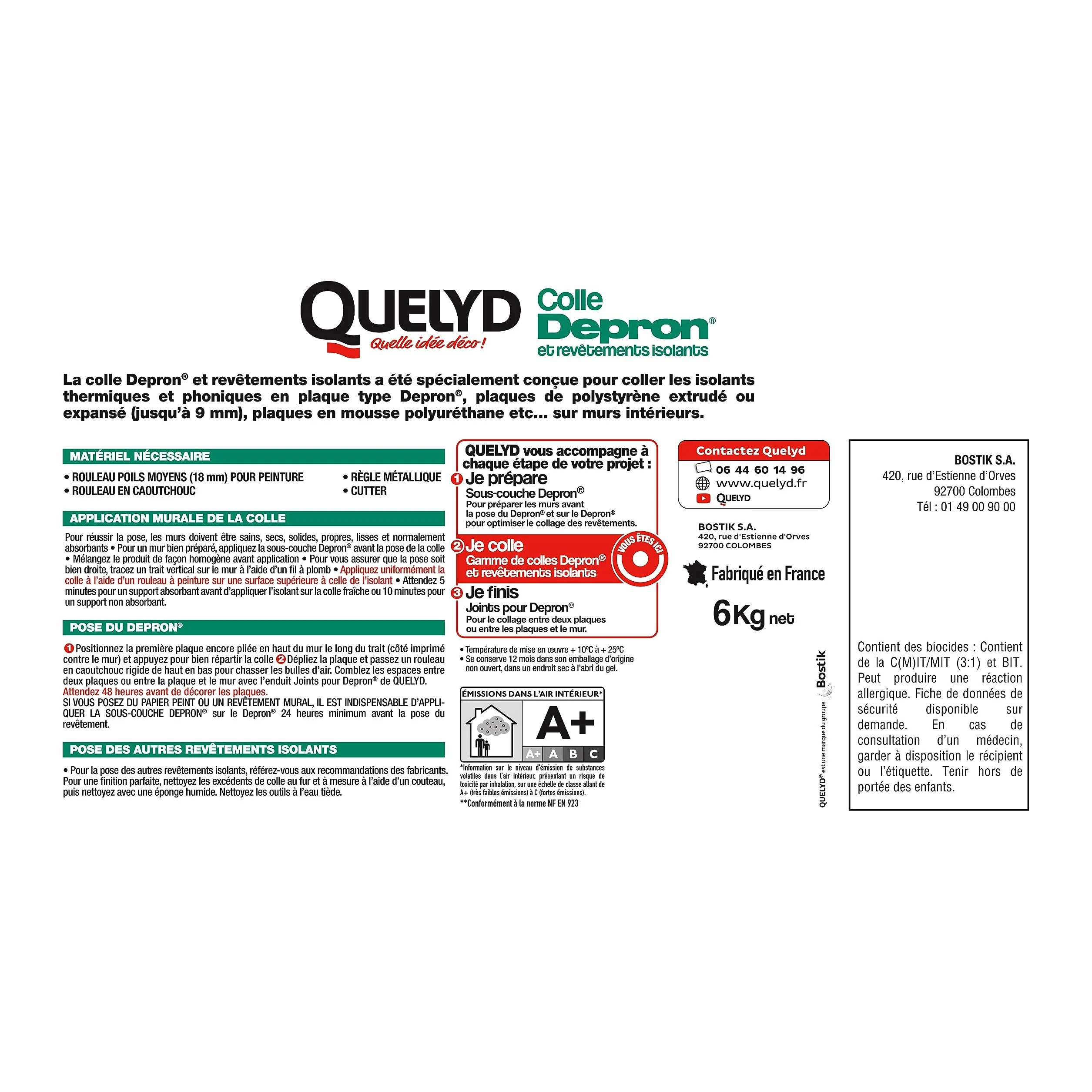 Quelyd Colle Pour Plaques Depron et Revêtement Isolants - Isolation Mur et Plafond - Maintien Immédiat -Sans Solvant - 1 Seau 6 kg