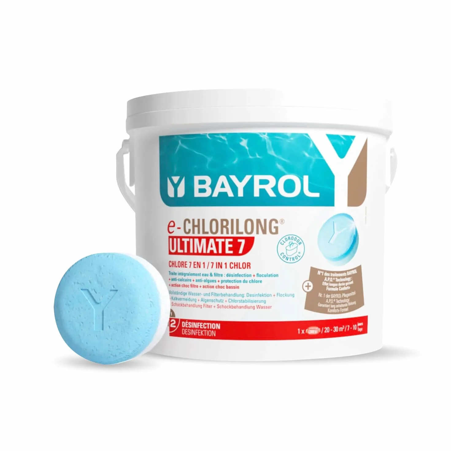 BAYROL e-Chlorilong Ultimate 7 4,8 kg Galets Chlore 300g Traitement Intégral Eau et Filtre
