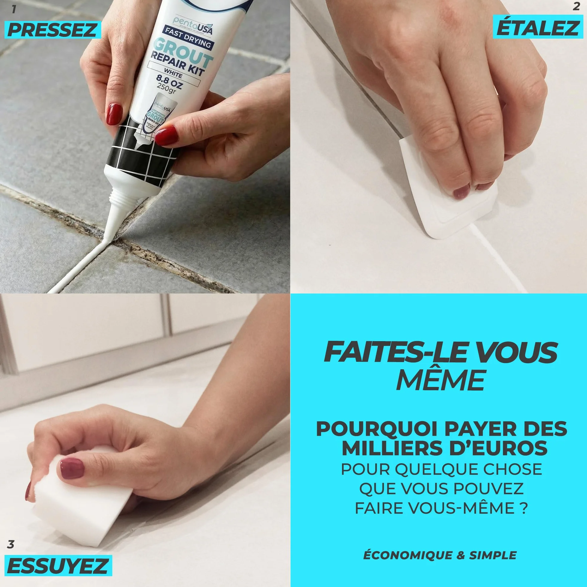 Joint Carrelage - Colle Carrelage, Joint Salle de Bain, Remplissage Répare et Renouvelle, Mortier à Joints - Avec Spatule (250g - Blanc)