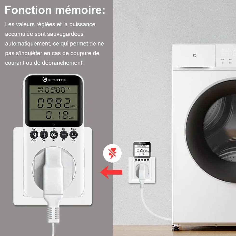 KETOTEK Wattmetre Prise, Compteurs D'énergie, Mesure Consommation Electrique, Compteur Electrique avec Écran LCD Rétroéclairé Surcharges de Protection 3680W