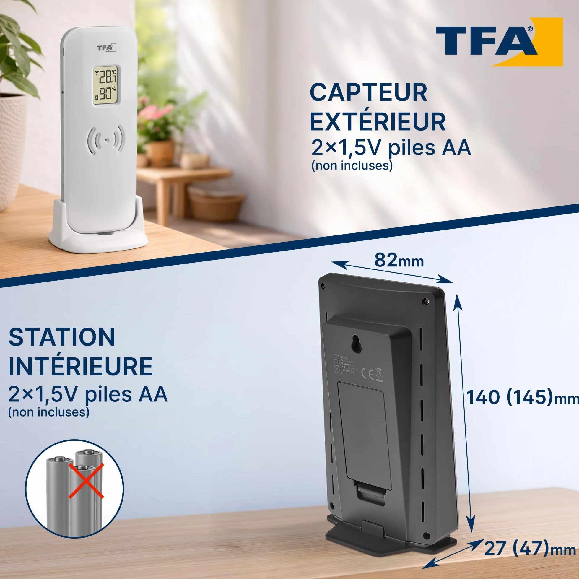 Station météo sans fil TFA Dostmann XENA 35.1162.54 avec capteur extérieur, température, prévisions, horloge radio, argent