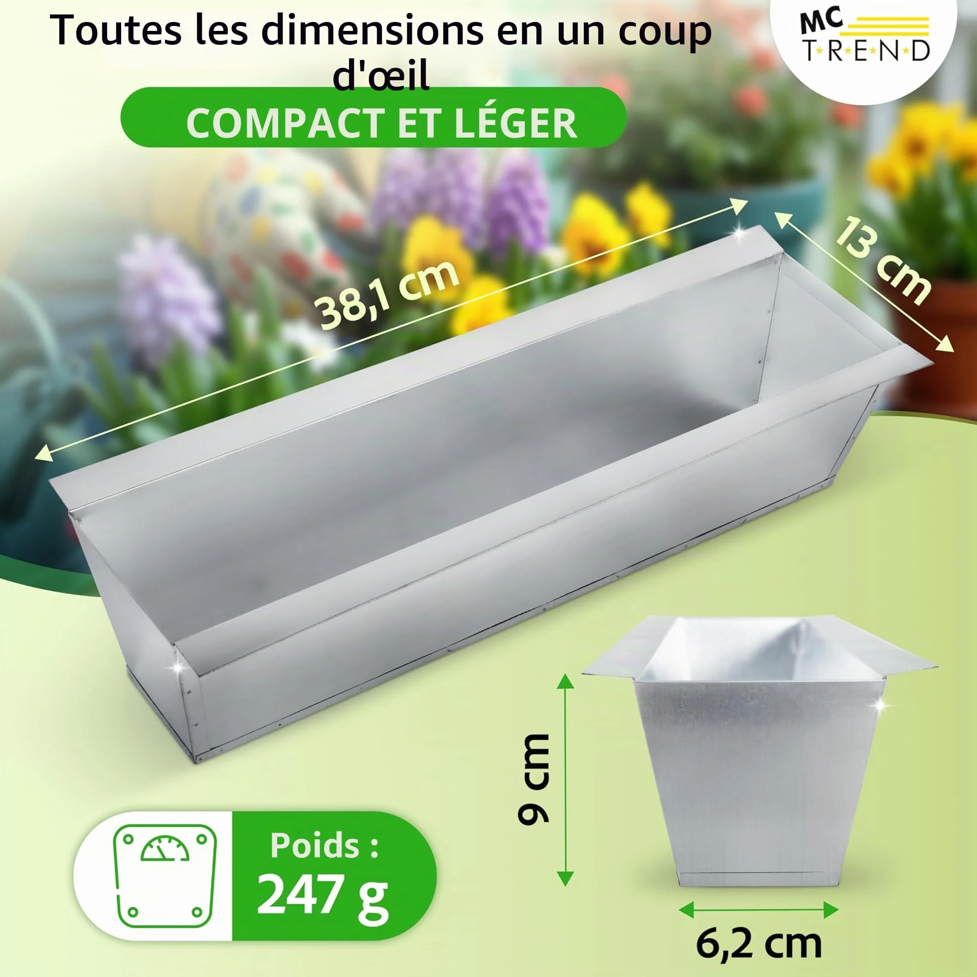 Jardinière pour palettes européennes Métal galvanisé 38,1 x 13 x 9 cm Résistant aux intempéries