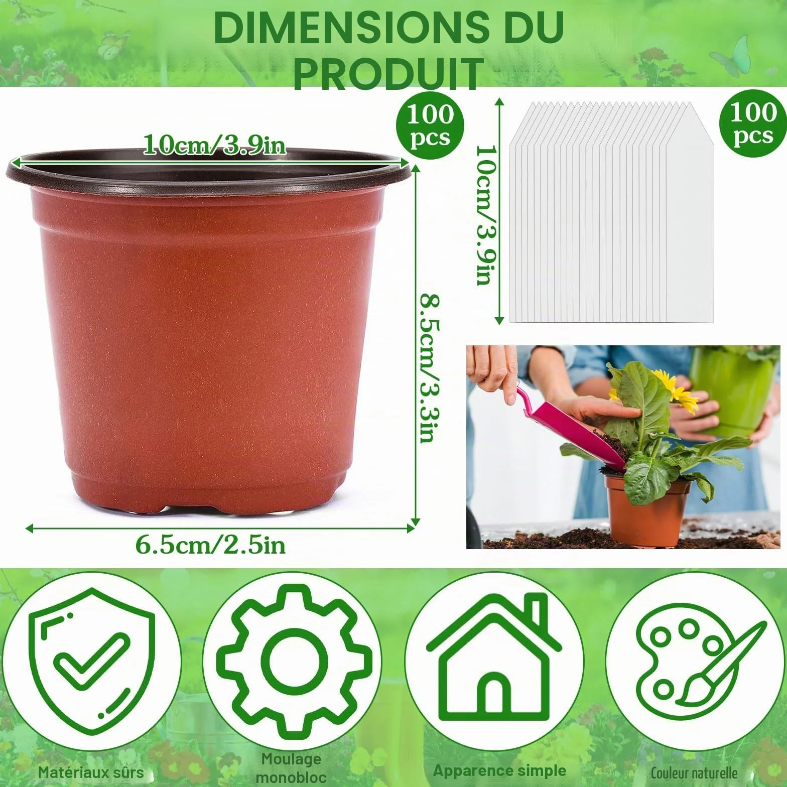Purpledi 100 Pcs 10CM Pots de Fleurs en Plastique avec Étiquettes, Gobelets de Semis, Godets de Repiquage
