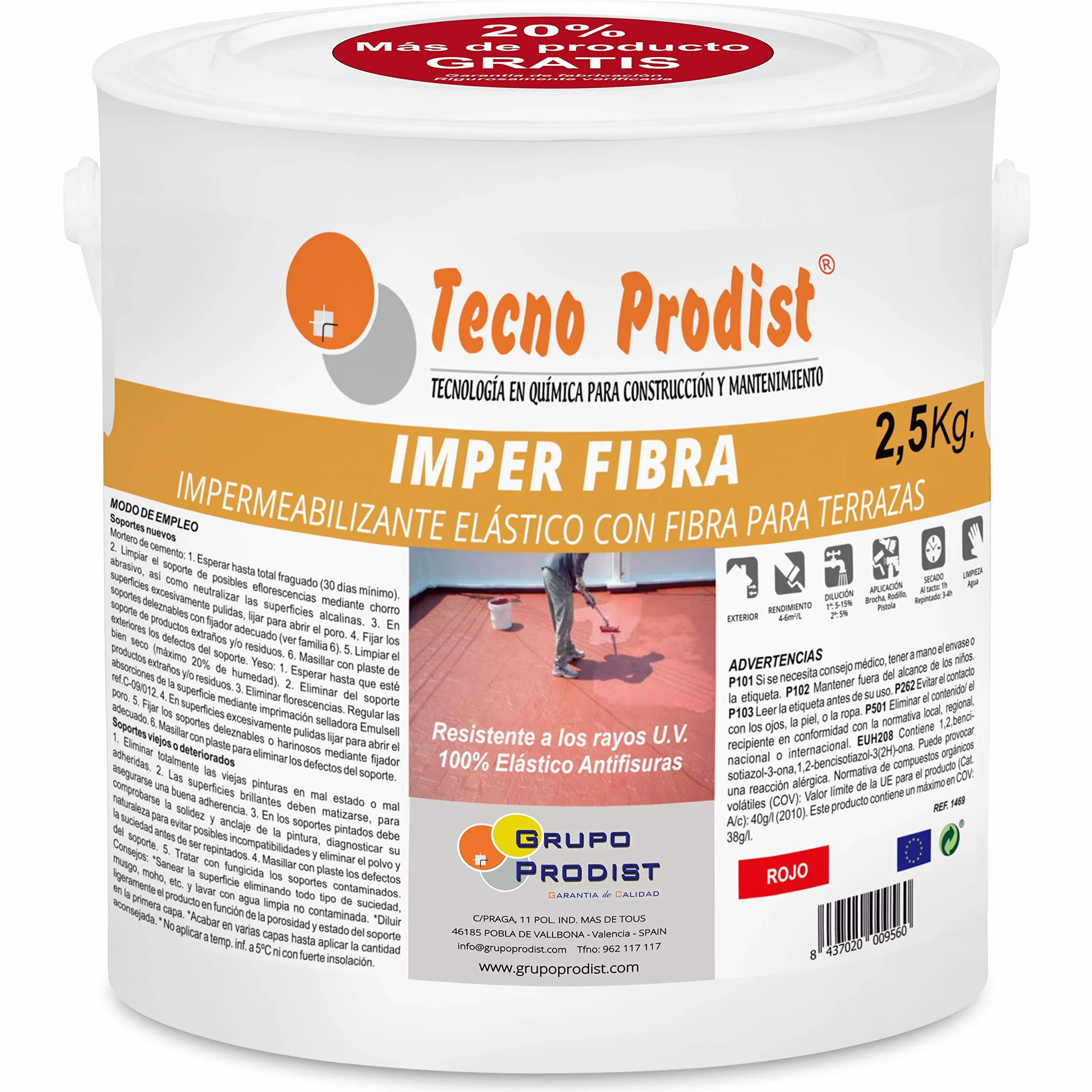 Tecno Prodist IMPER FIBRE de (2,5 Kg, Rouge) Revêtement élastique imperméabilisant avec fibres incorporées - Caoutchouc anti-goutte pour terrasses et façades
