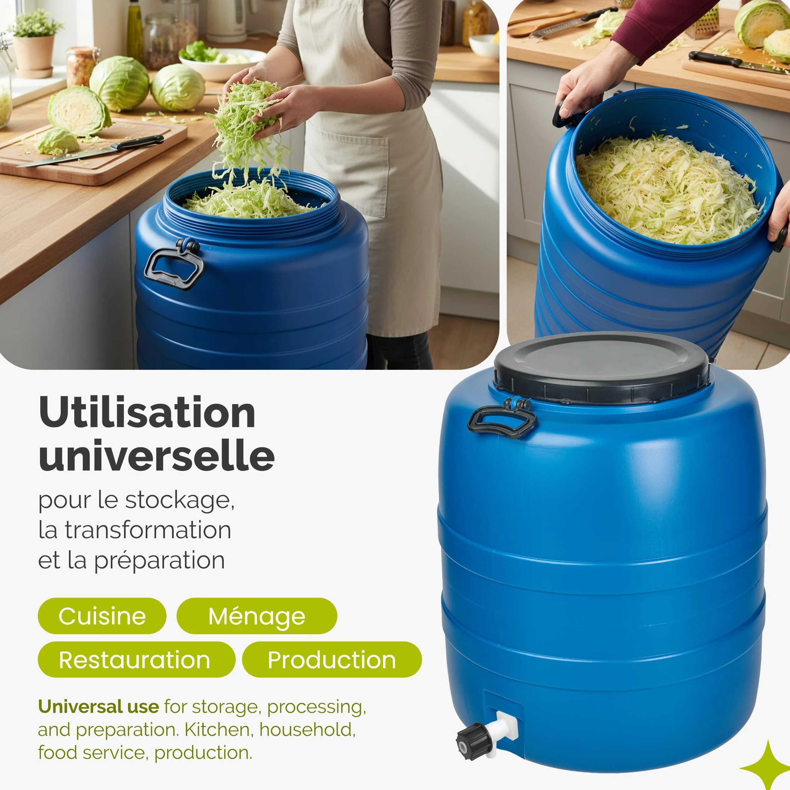 Garronda Fût Alimentaire 60 L Plastique HDPE Tonneau Baril Grande Ouverture Bleu