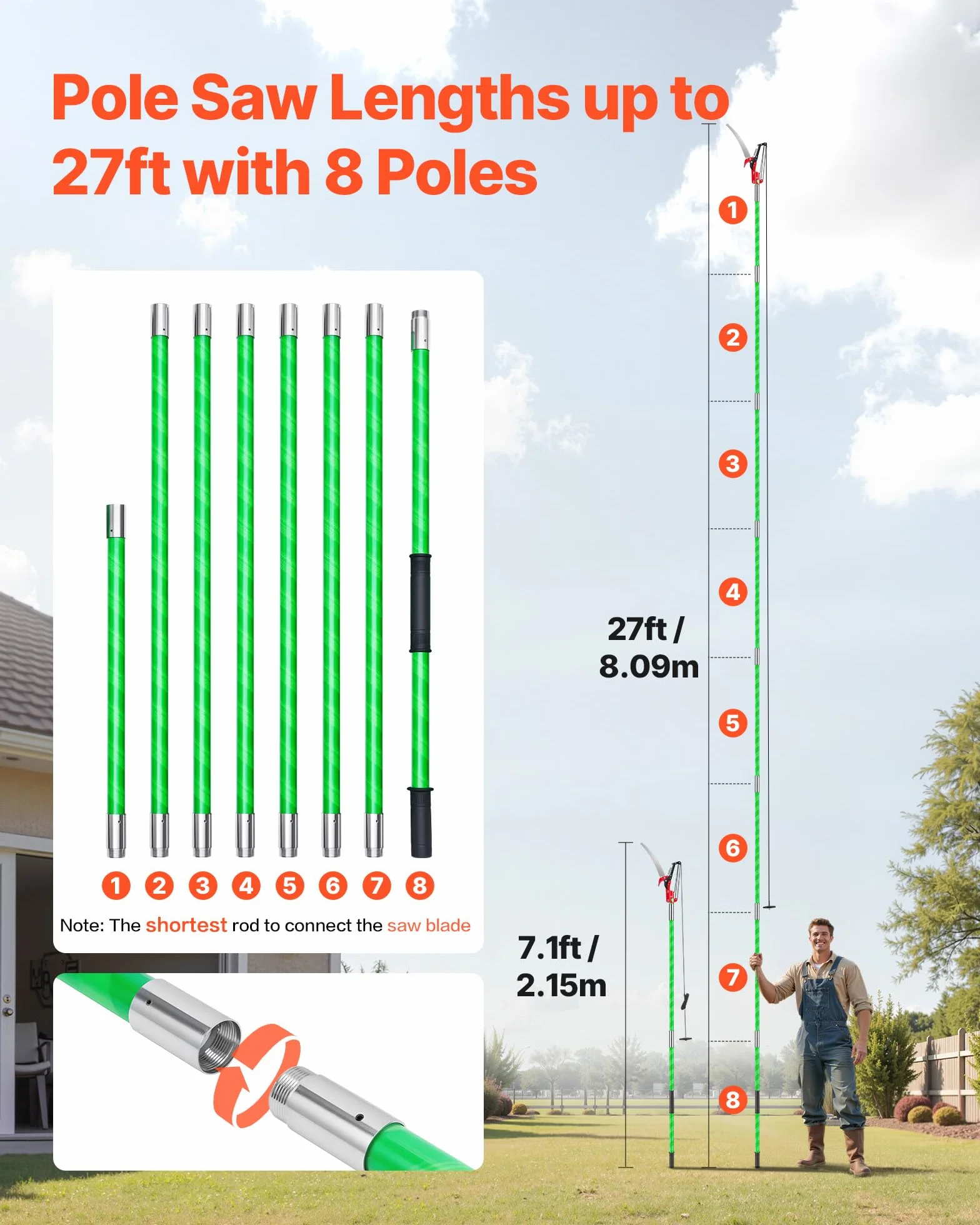 VEVOR Scie à Élaguer Extensible, 2,15-8,09 m, Scie sur Perche Manuelle, Lame Acier Tranchante, avec Ciseaux, 8 Perches Fibre de Verre, Outil Élagage pour Tailler Branches Hautes, Palmiers, Arbustes