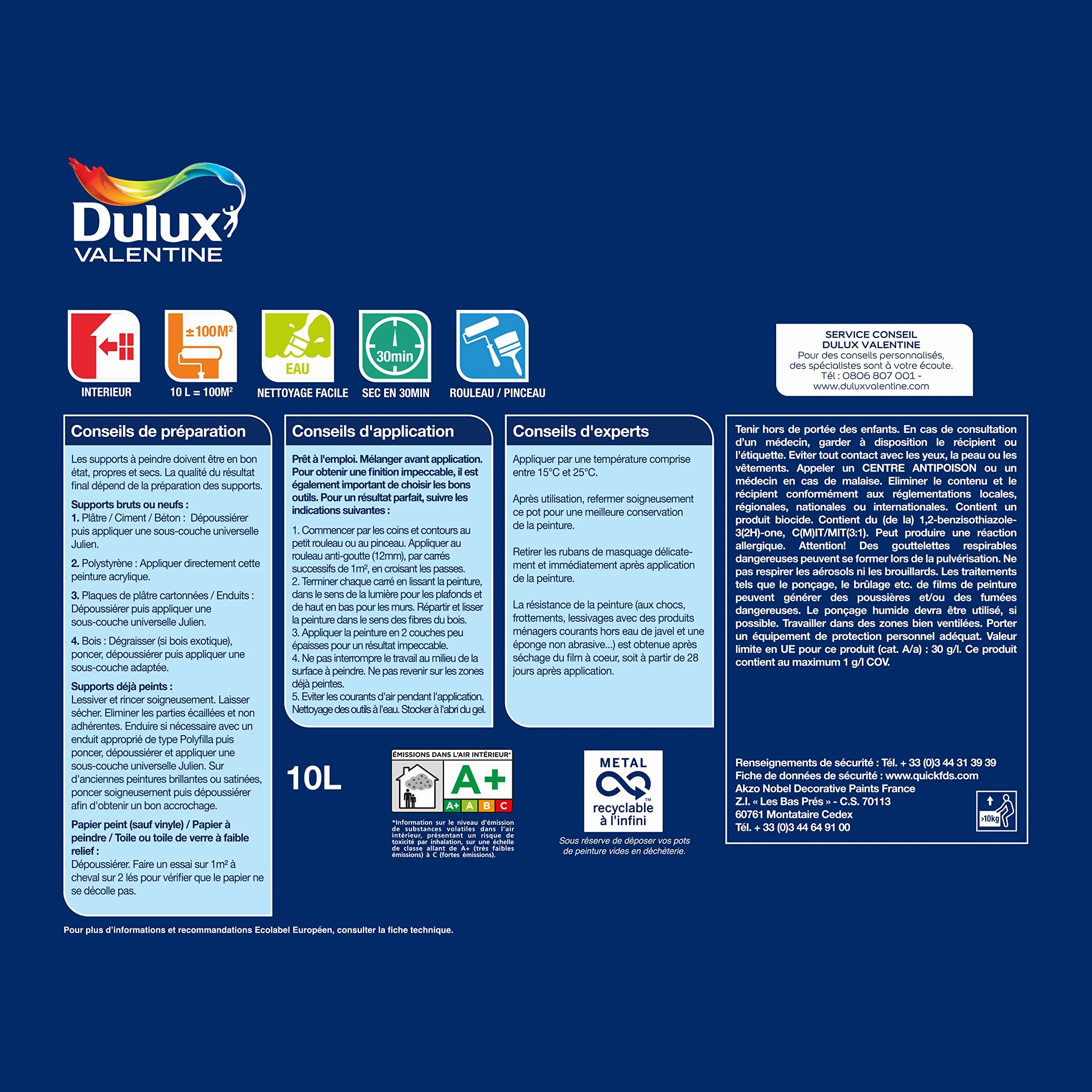 Dulux Valentine Le Blanc Facile - Peinture Intérieure Murs, Plafonds, Boiseries - Facile à appliquer - Mat Blanc 10 L