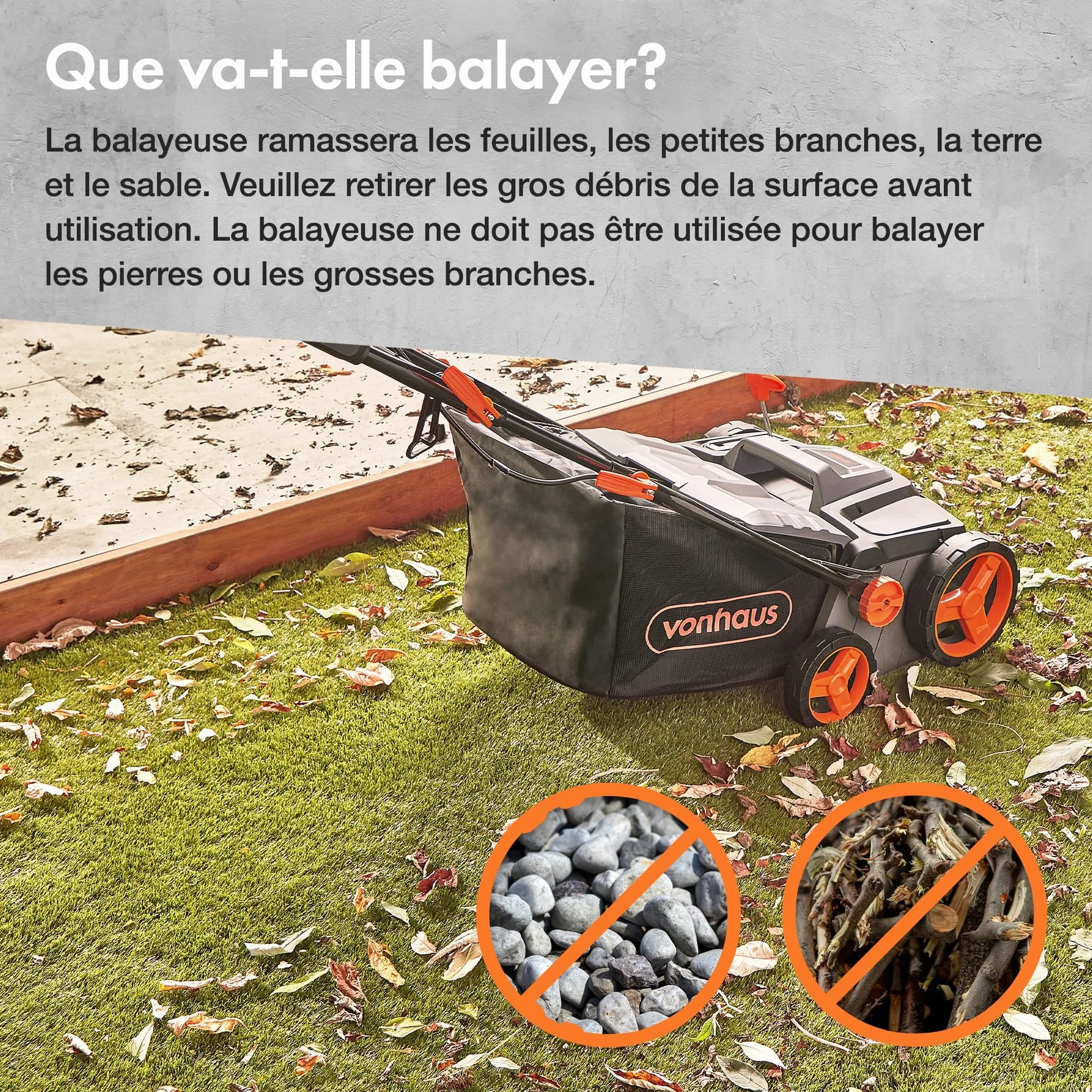 VonHaus Balayeuse Pelouse Artificielle 1800 W Électrique Sac 45 L 5 Hauteurs Réglables Largeur 380 mm