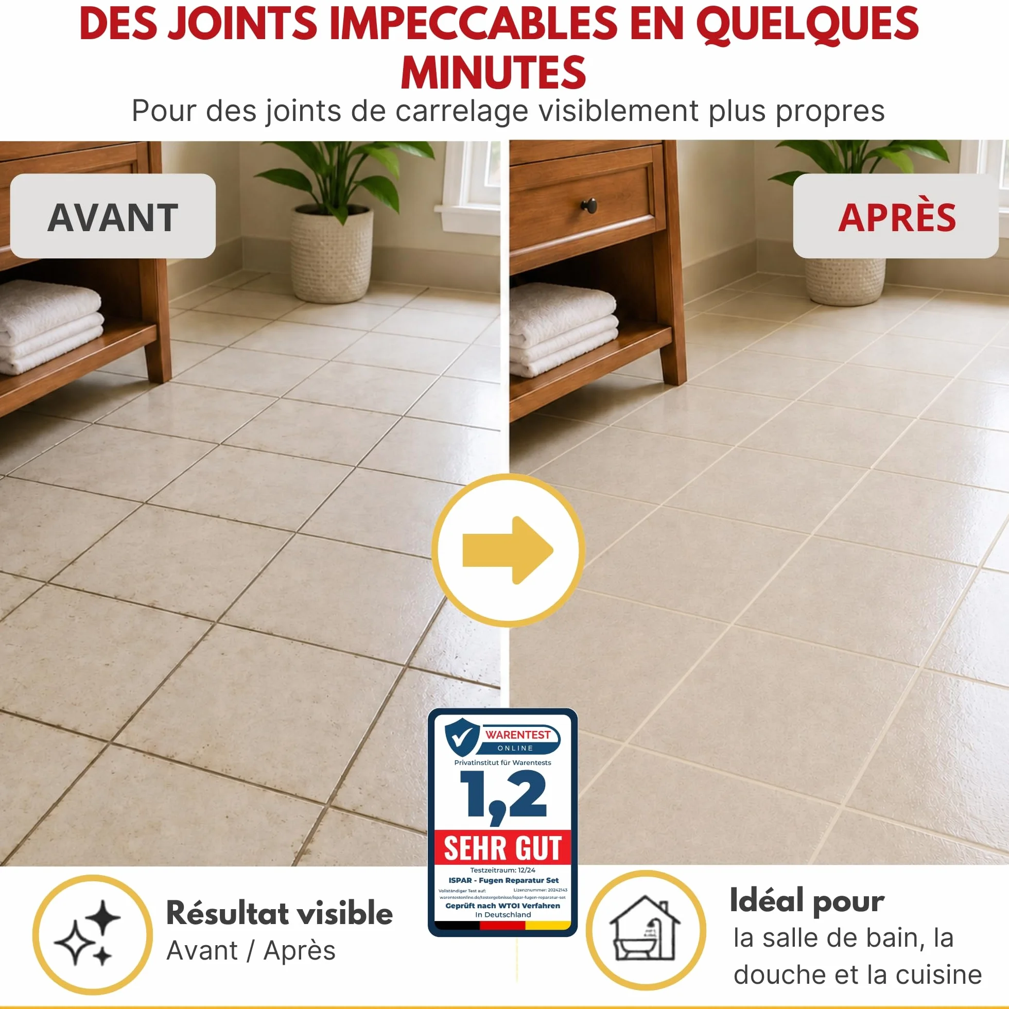 ISPAR Kit de Réparation de Joint de Carrelage Crème (400g) - Mortier Coulis Couleur Crème, Joint Salle de Bain et Cuisine - Avec Spatule et Éponge