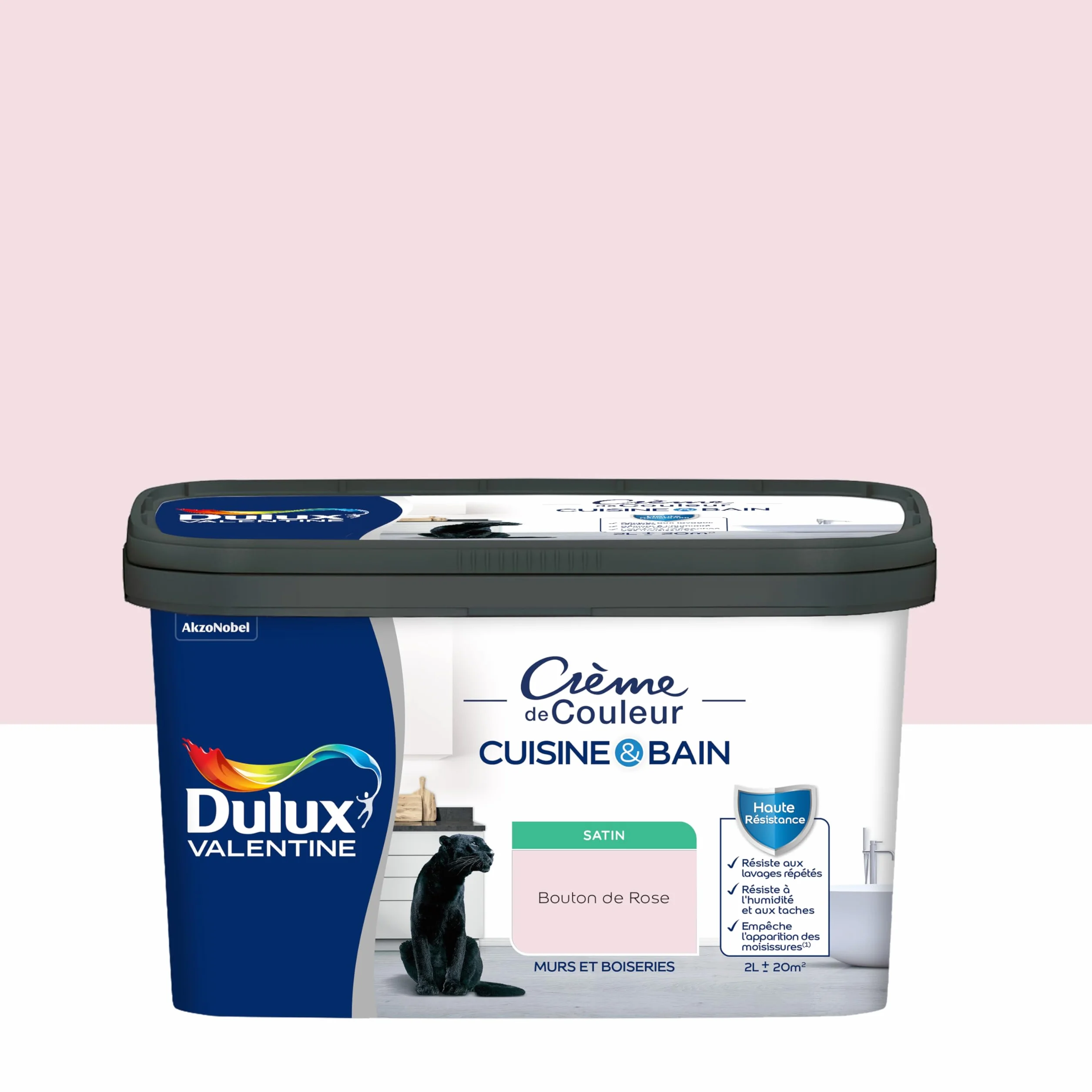Dulux Valentine Peinture Intérieure Crème de Couleur Cuisine et Salle de Bain - Pièces Humides Murs et Boiseries - Résistant aux taches et à l'humidité - Satin Bouton de Rose 2 L