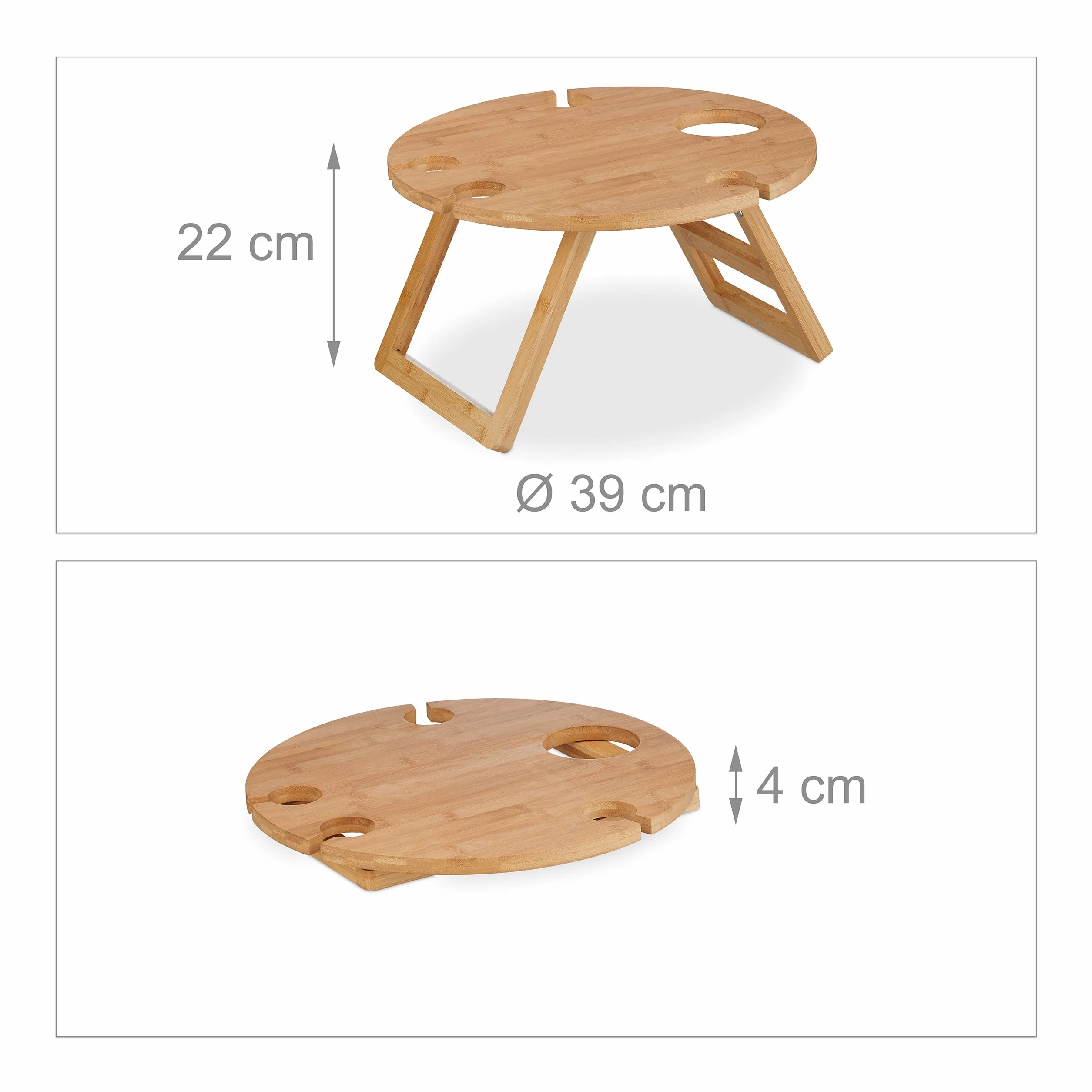Relaxdays Mini-Table portative Ronde Pliante 22x39 cm Bambou Nature