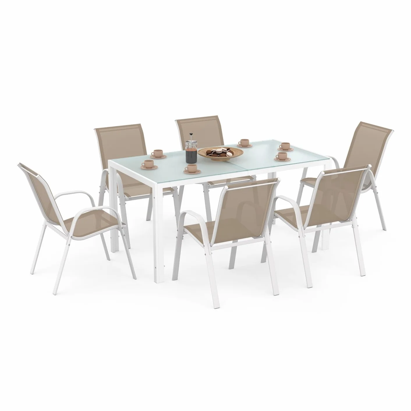 IDMarket Salon de Jardin Madrid Table 150 cm 6 Chaises Empilables Blanc Beige