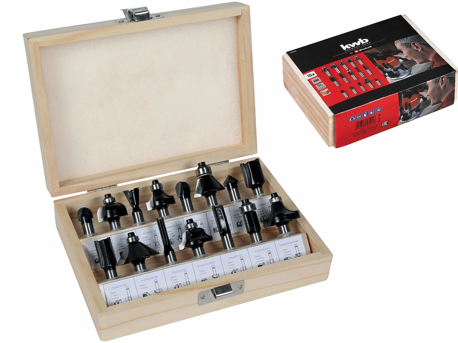 Kwb by Einhell Fraises pour Défonceuses (15 pièces, diamètre de tige 8 mm, dans un coffret en bois)