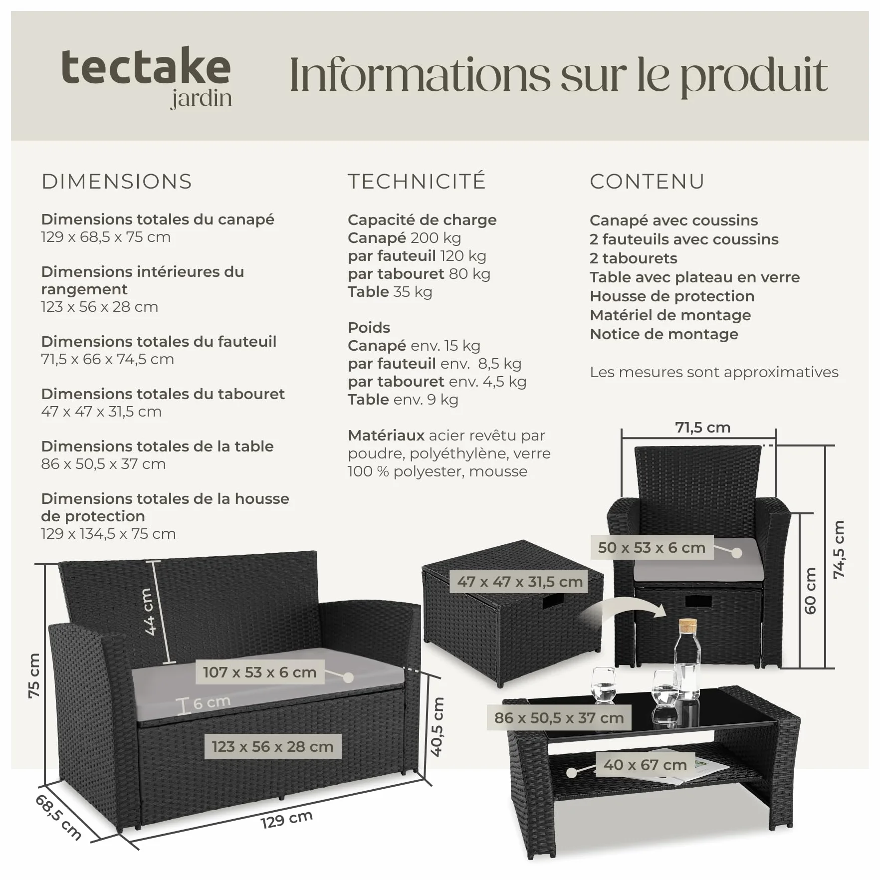 tectake Ensemble Salon de Jardin Poly Rotin 1 Banquette 2 Fauteuil 2 Tabouret 1 Table Jardin Noir/Gris