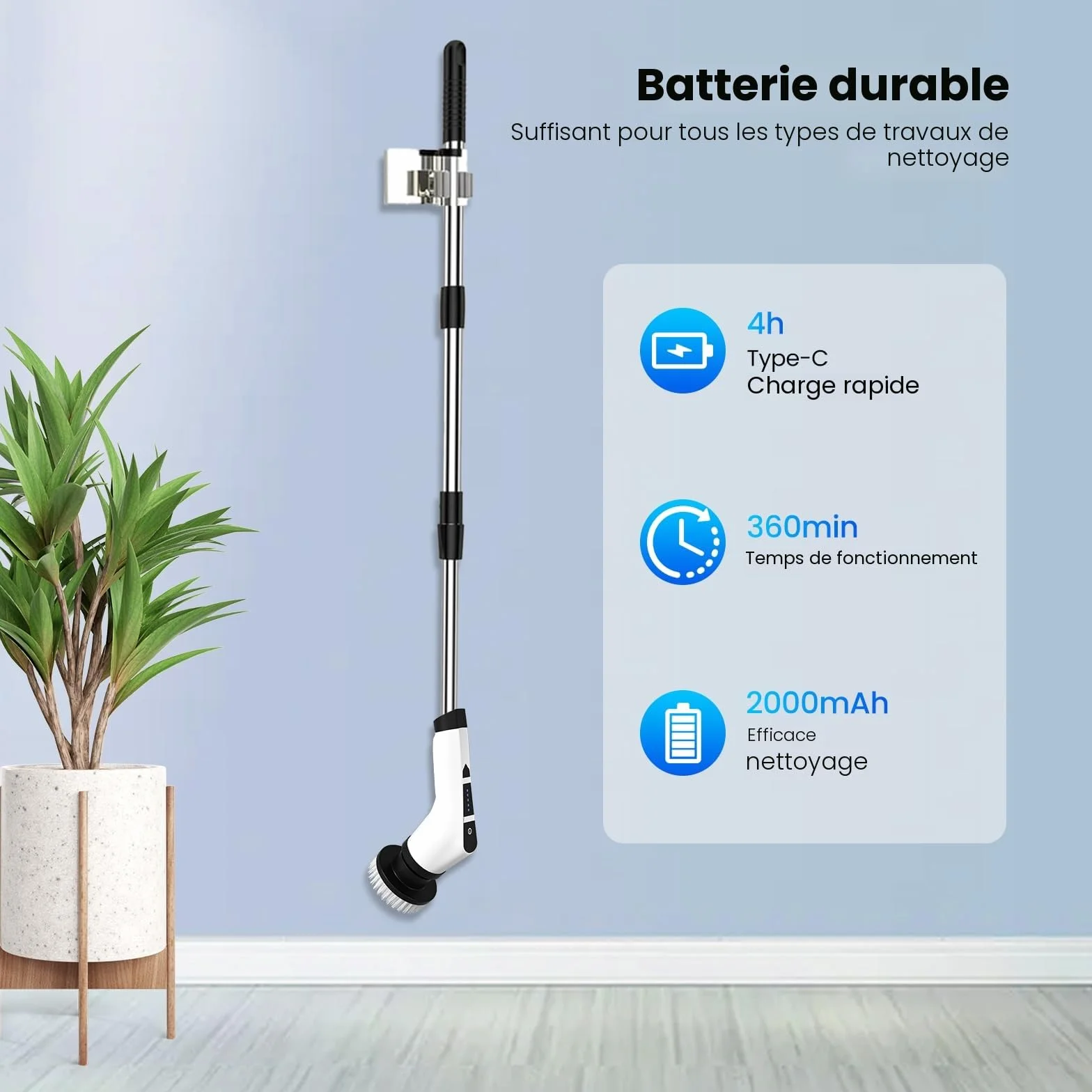 Brosse Rotative Nettoyage Electrique,avec 9 Têtes Interchangeables,Manche Télescopique Ajustable,Rechargeable Brosse Nettoyage Salle de Bainpour La Salle De Bain,La Cuisine,La Voiture,Le Sol
