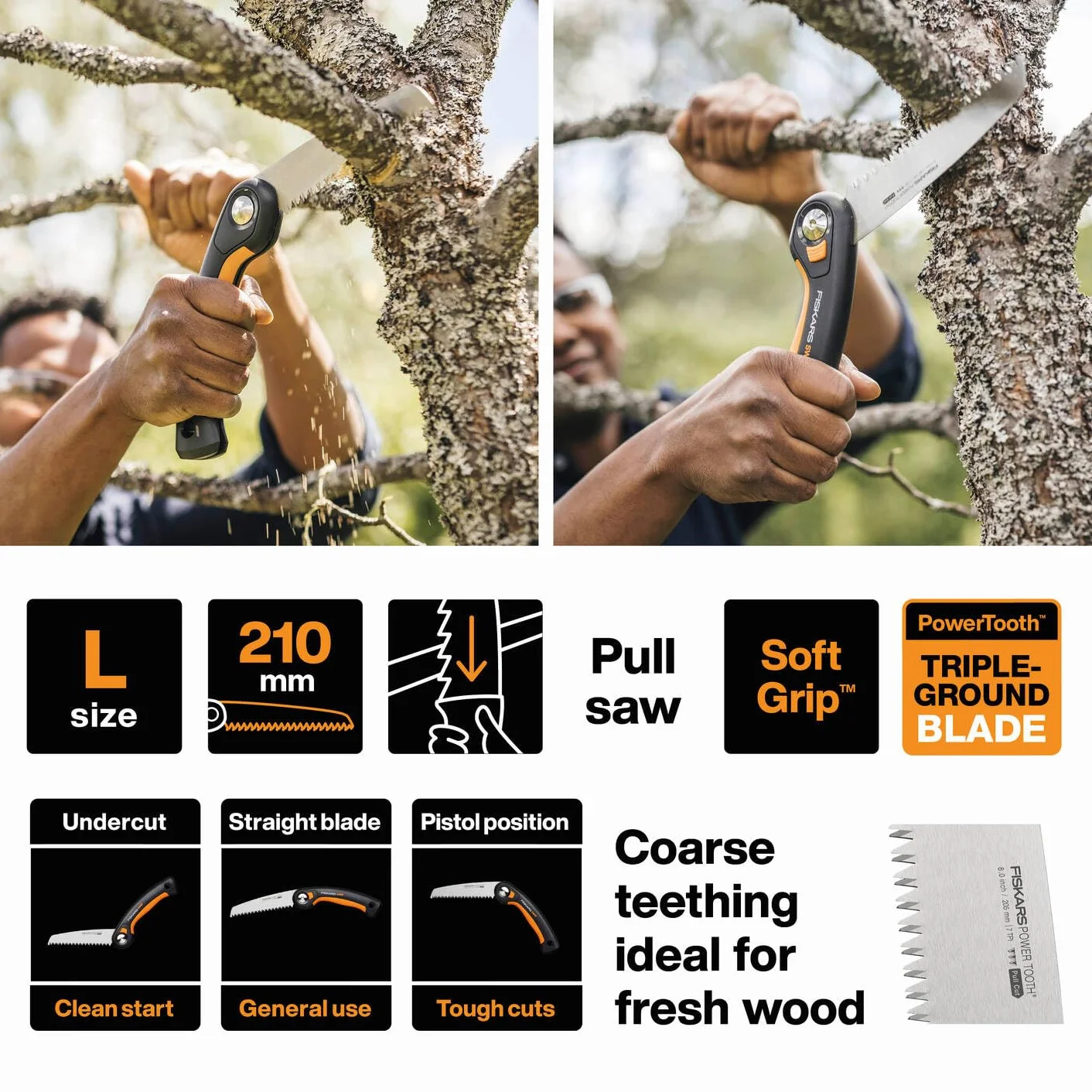 Fiskars Plus Scie Pliaple, pour Troncs et Branches épais, 3 positions de Coupe, Lame Power Tooth tranchante, Denture grossière, Longueur de la lame : 21 cm, Noir/Orange, SW69, 1067553