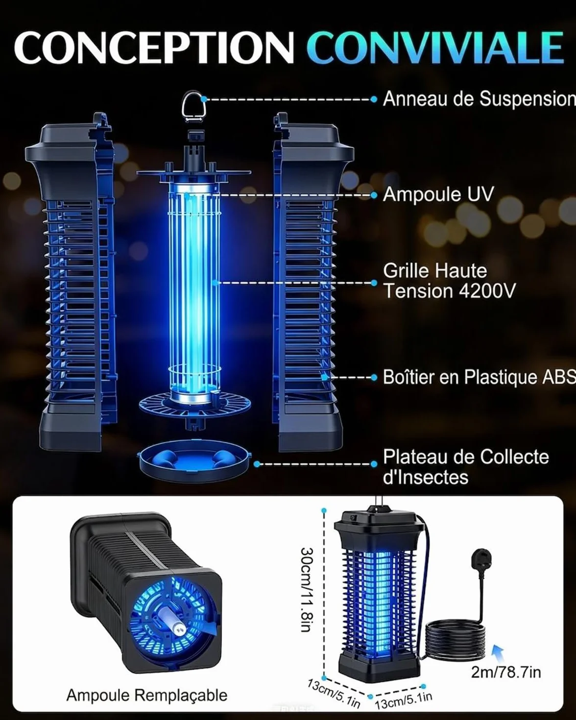 Lampe Anti Moustique Électrique 4200V, Zappeur d'Insectes UV, Tue Mouche Intérieur Extérieur IPX4 avec Crochet de Suspension