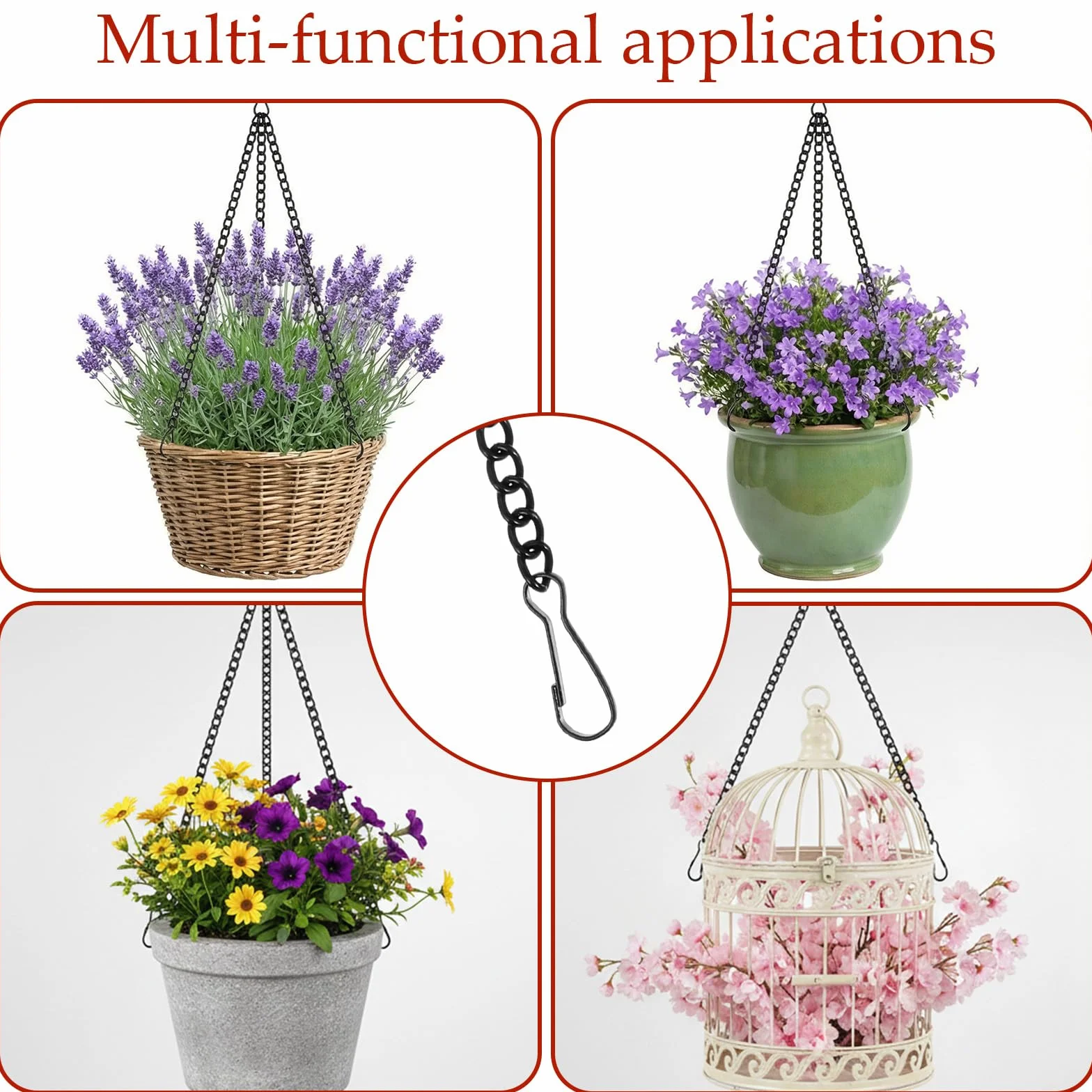 Lot de 6 chaînes métal avec crochets, chaînes suspendues réglables robustes pour décorations, mangeoires, pots de fleurs