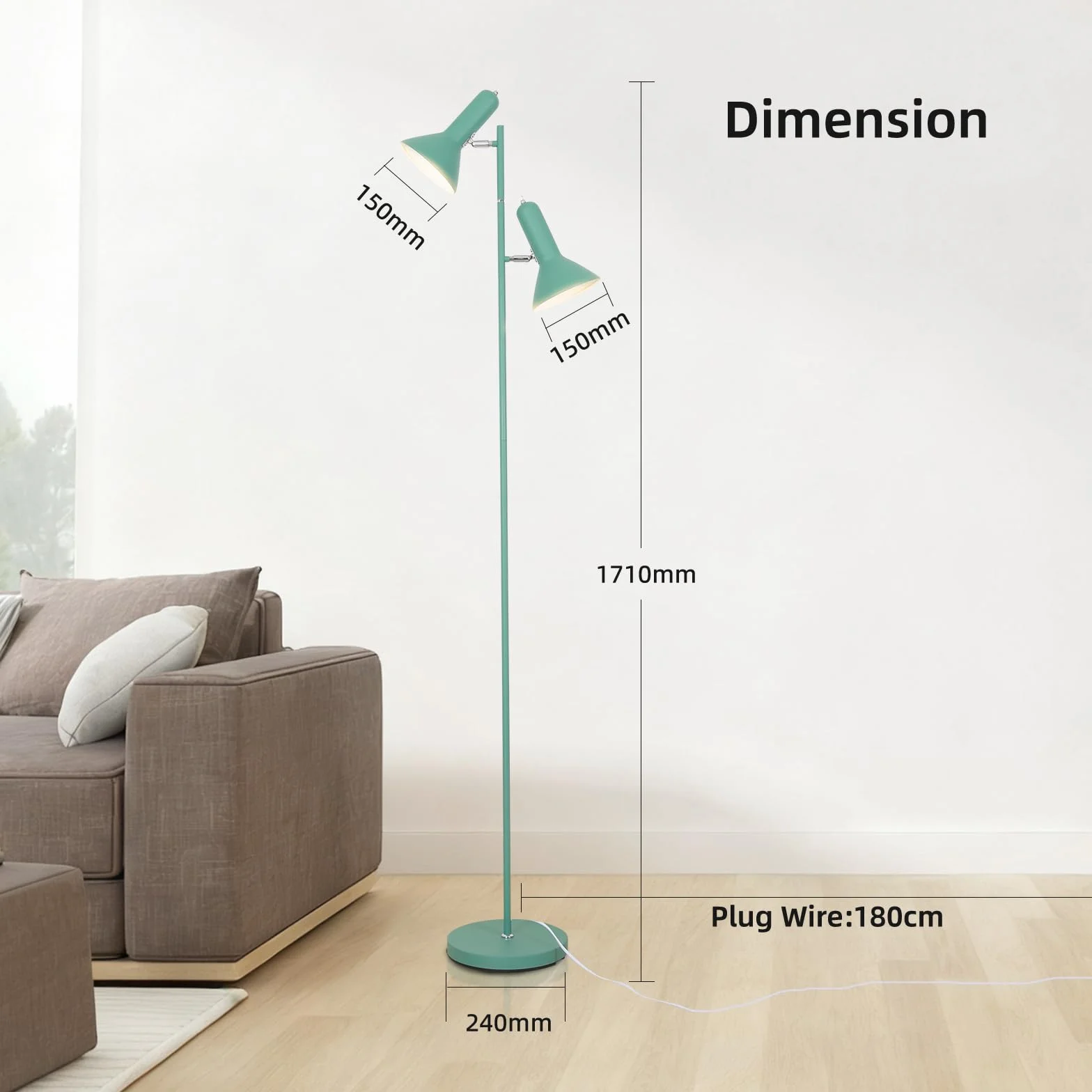 Lampe à plantes E27 sur pied en métal, angle réglable, 2x max 60 W, avec interrupteur pour salon bureau