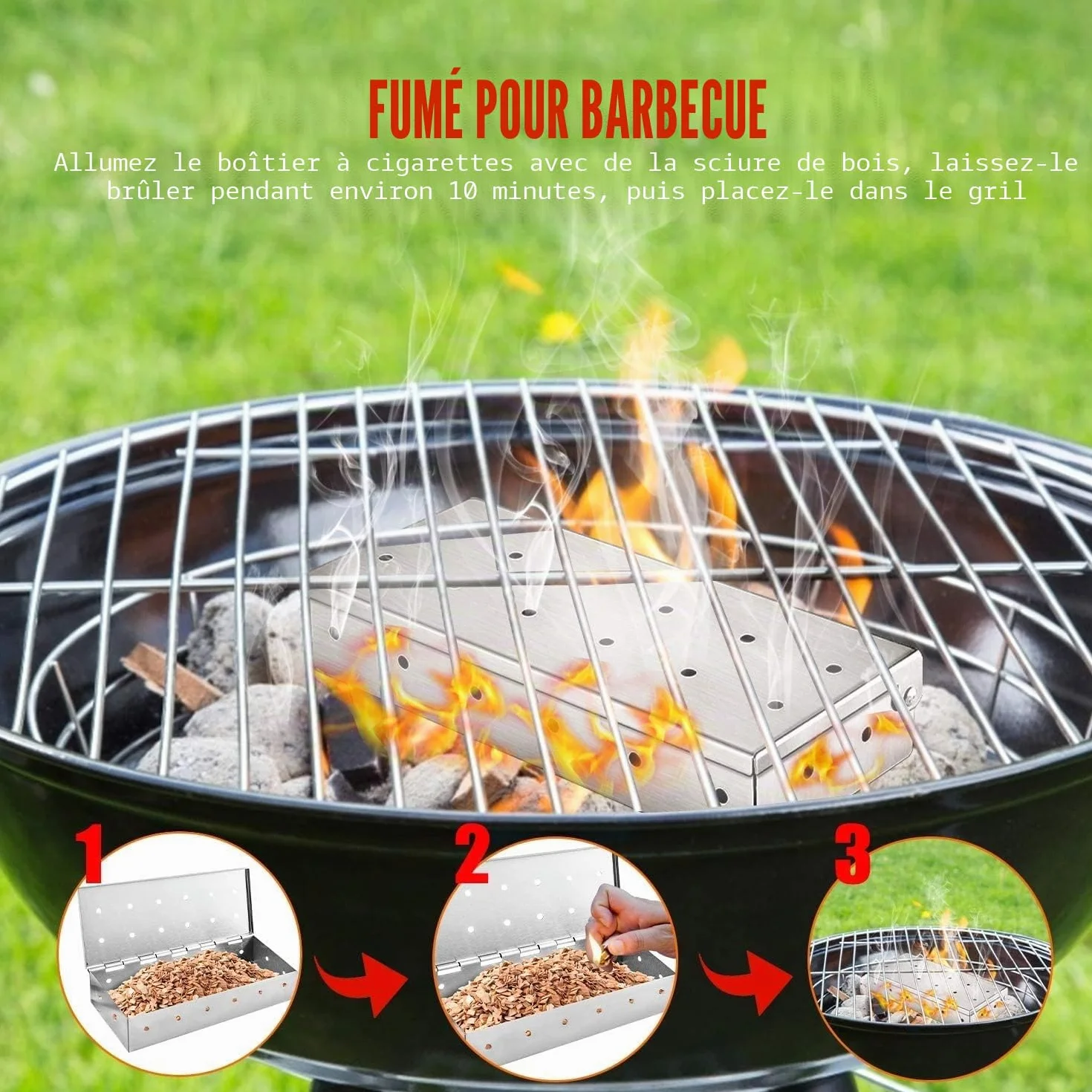 Boîte de fumage en acier inoxydable pour barbecue à gaz et charbon de bois