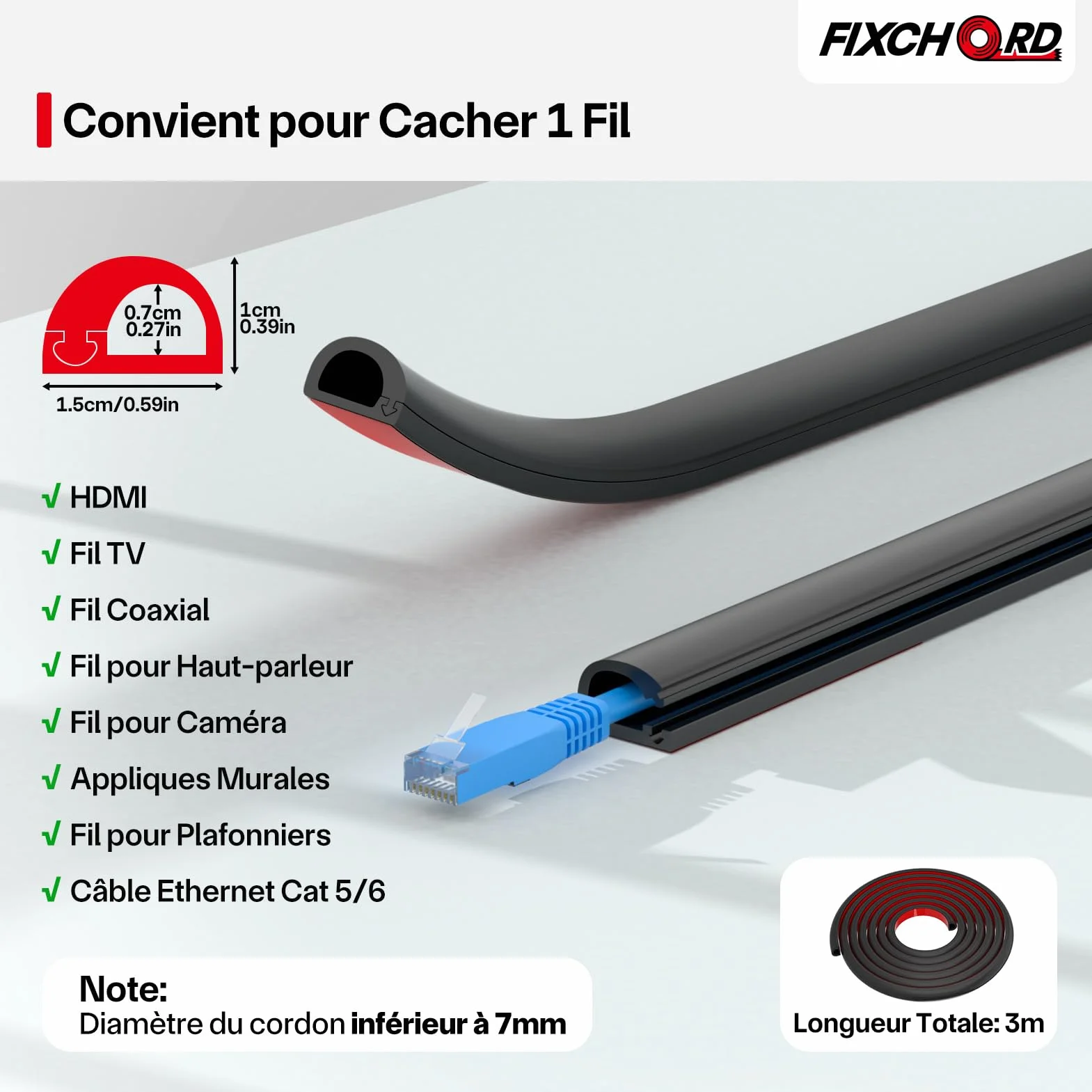 Goulotte Autocollante, Goulotte Électrique, Retardateur de Flammes, Peinturable, Goulotte Décorative pour La Maison et au Bureau, 15mm (Largeur) x 10mm (Hauteur) x 3m Longueurs - Noir