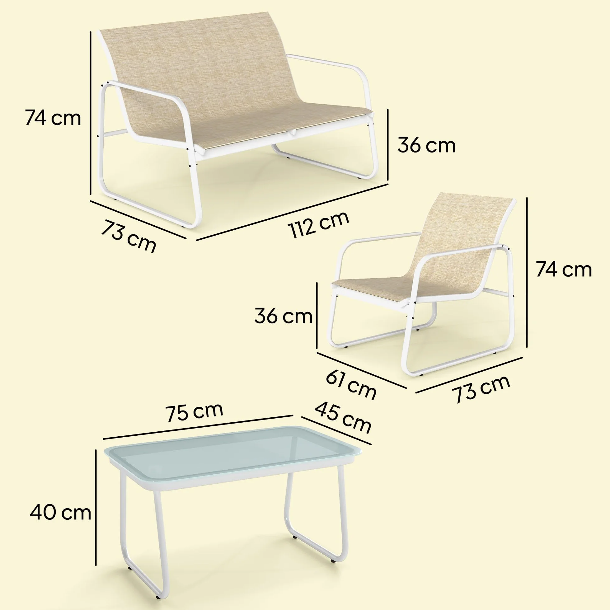 Outsunny Salon de Jardin 4 pièces avec canapé, fauteuils et table basse, Plateau en Verre trempé, Pieds réglables, Kaki et Blanc