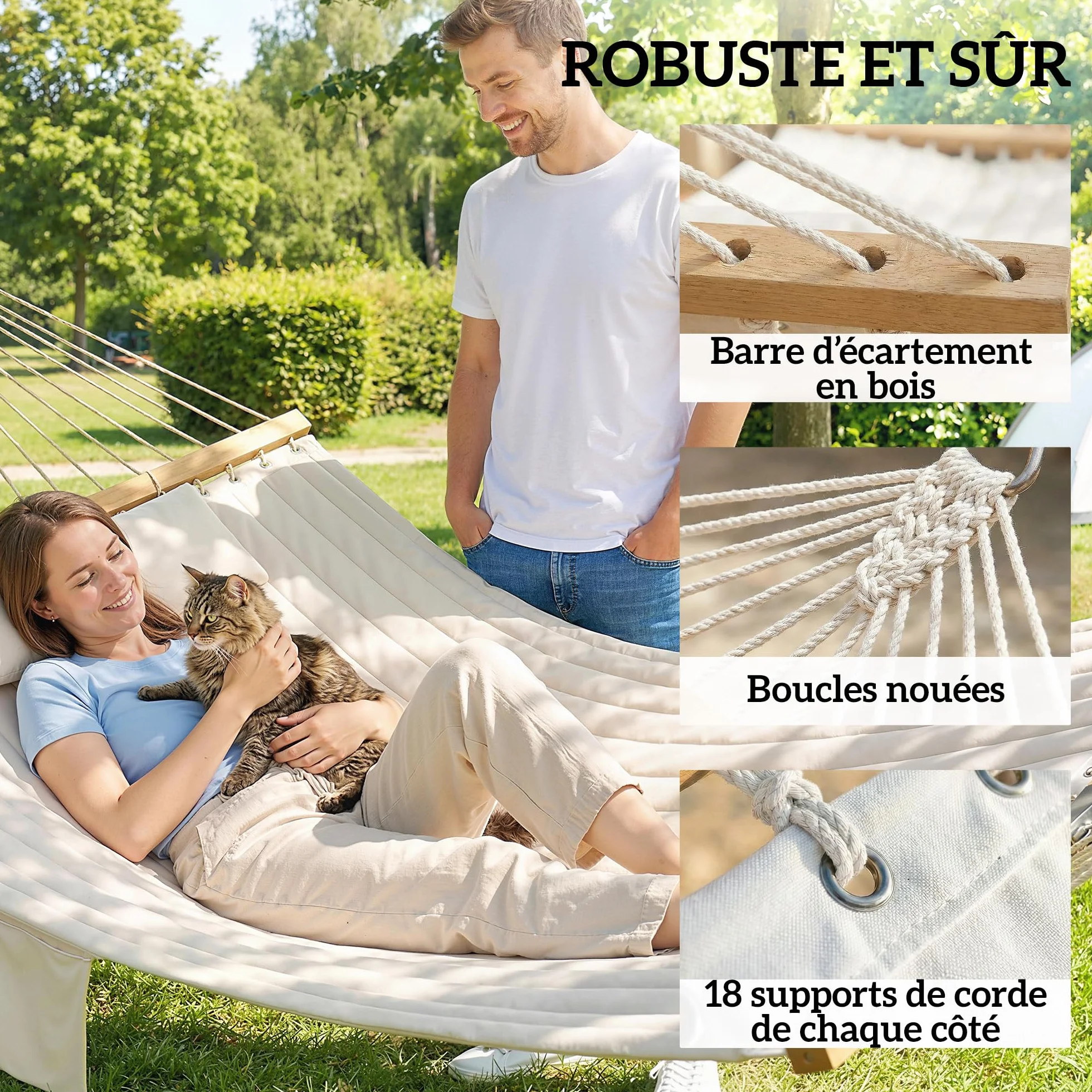 Outsunny Hamac Suspendu 325 cm avec Oreiller Extra-Long, Tissu Matelassé, Barres Anti-basculement Hêtre Courbées