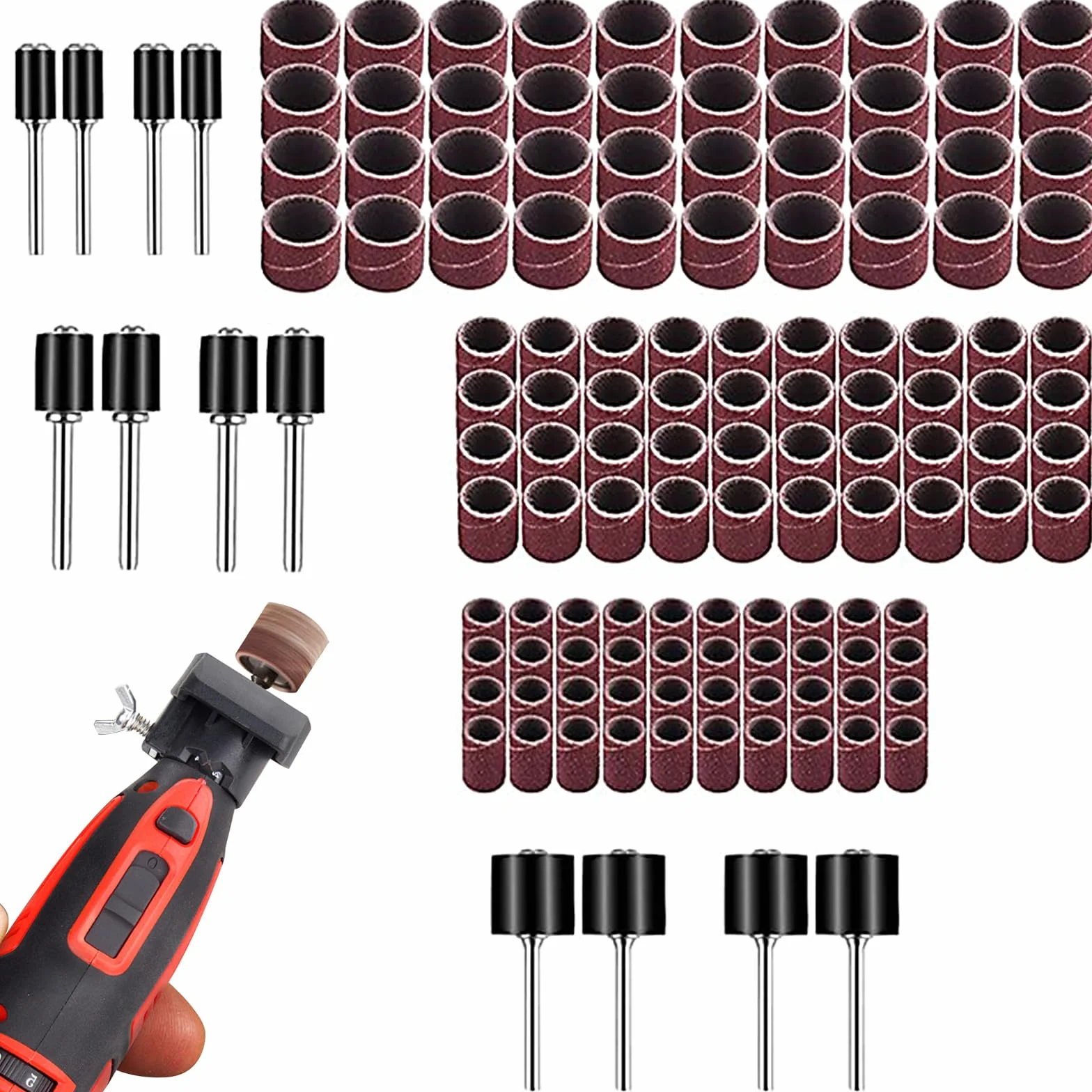 132 Pièces Tambour de Ponçage, Comprenant 120 Pièces Bandes de Ponçage et 12 Pièces Tambour Mandrin pour Polissage, Lissage et Finition pour Dremel Outils Rotatifs