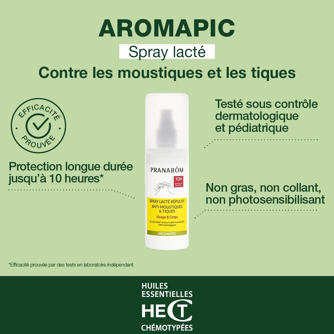 Pranarôm Aromapic Spray Lacté Répulsif Anti-moustiques Tiques Huiles Essentielles 100% BIO 100 ml