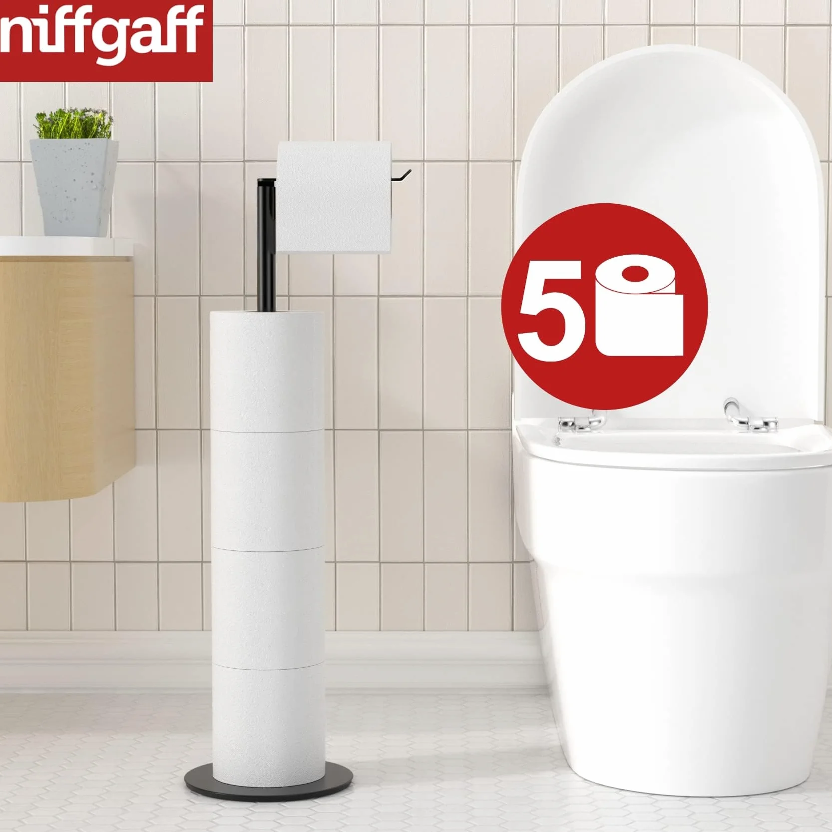 Porte-Rouleau de Papier Toilette sur Pied pour Salle de Bain, Support en Acier Inoxydable avec Finition Noire, Distributeur Simple et Pratique