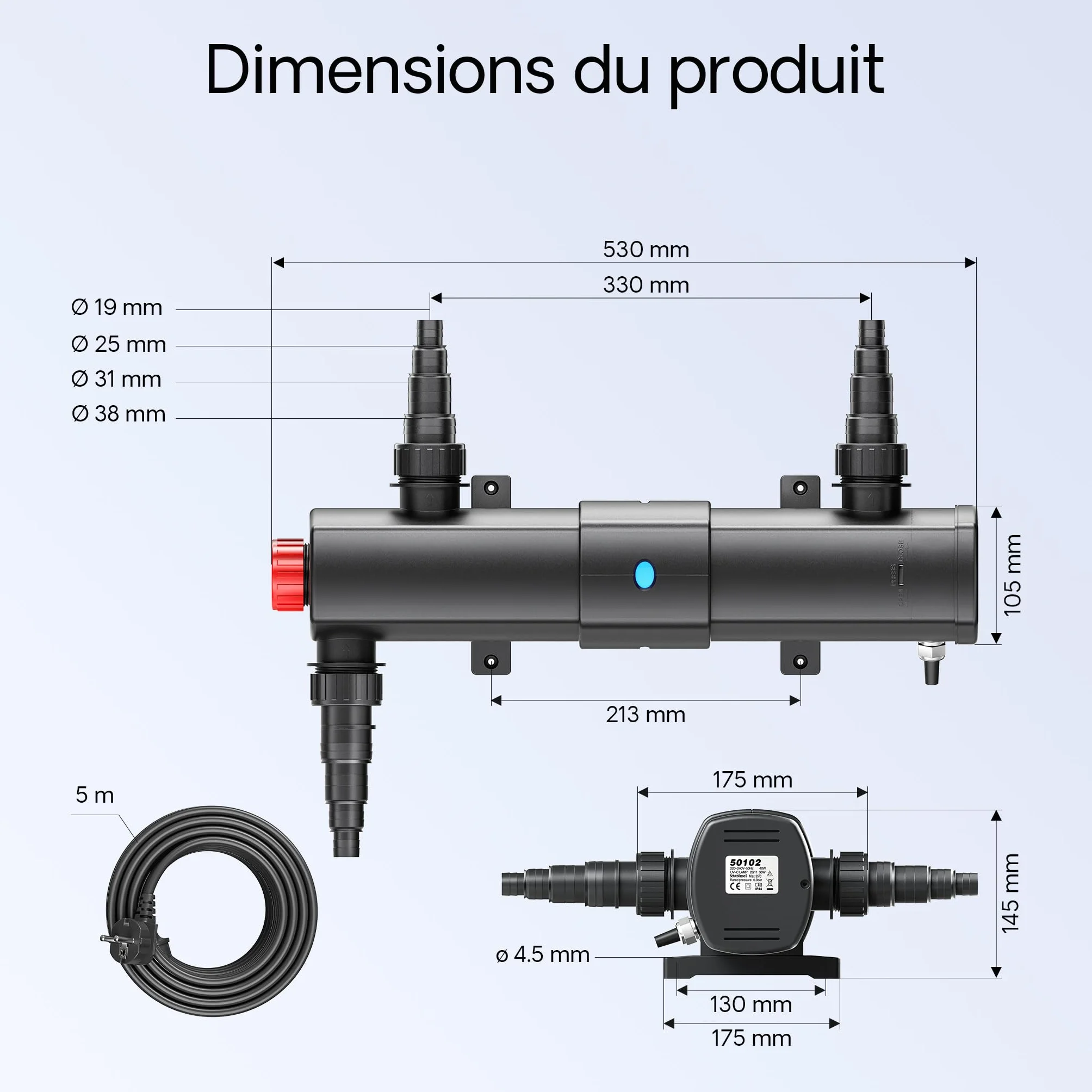 Kit complet Wiltec CBF-350B Filtre de bassin 60000 L CUV-236 Lampe UV UVC 36W