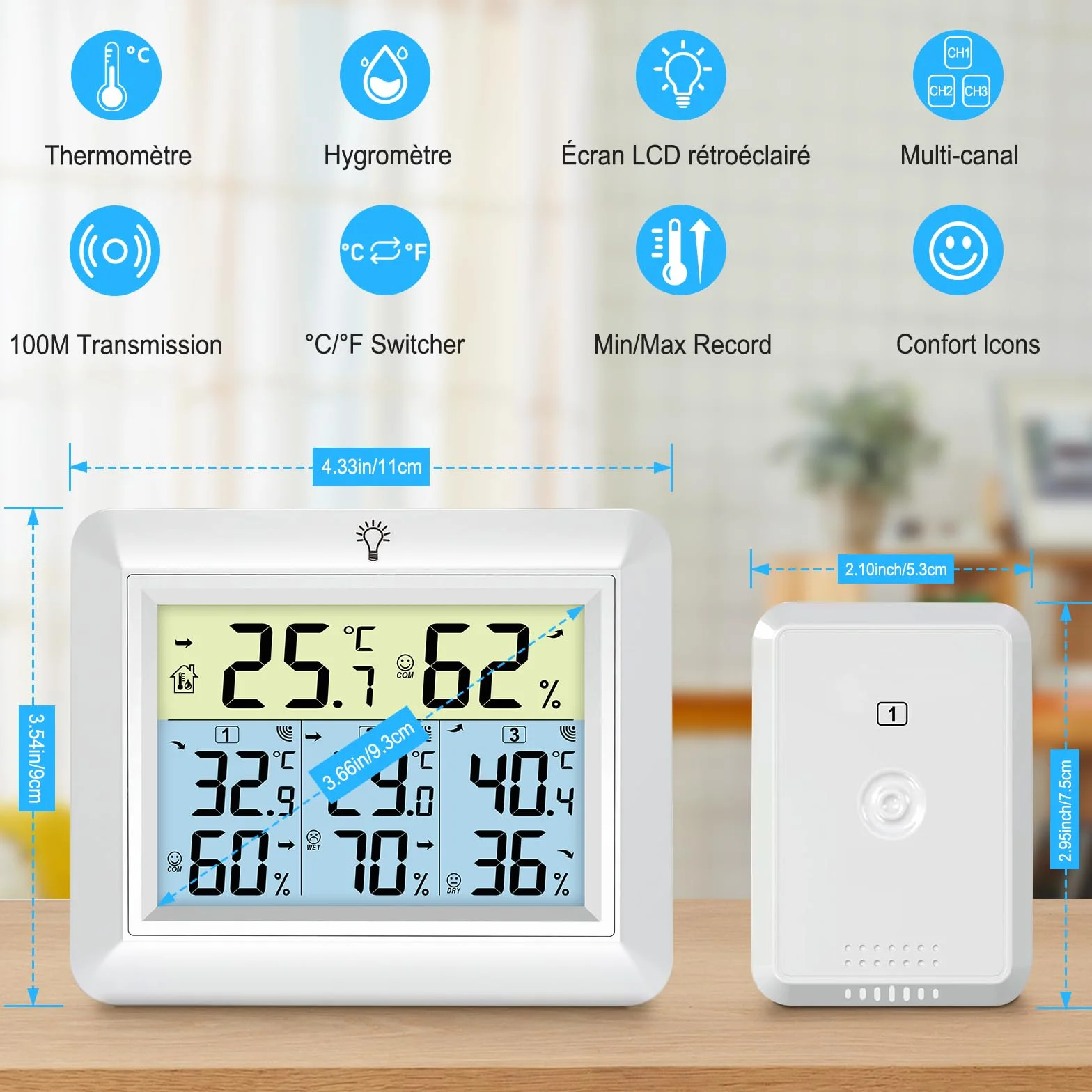 Thermomètre Intérieur Extérieur Sans Fil avec 3 Capteurs, Hygromètre, Portée 100M, Enregistrement MIN/MAX, Blanc