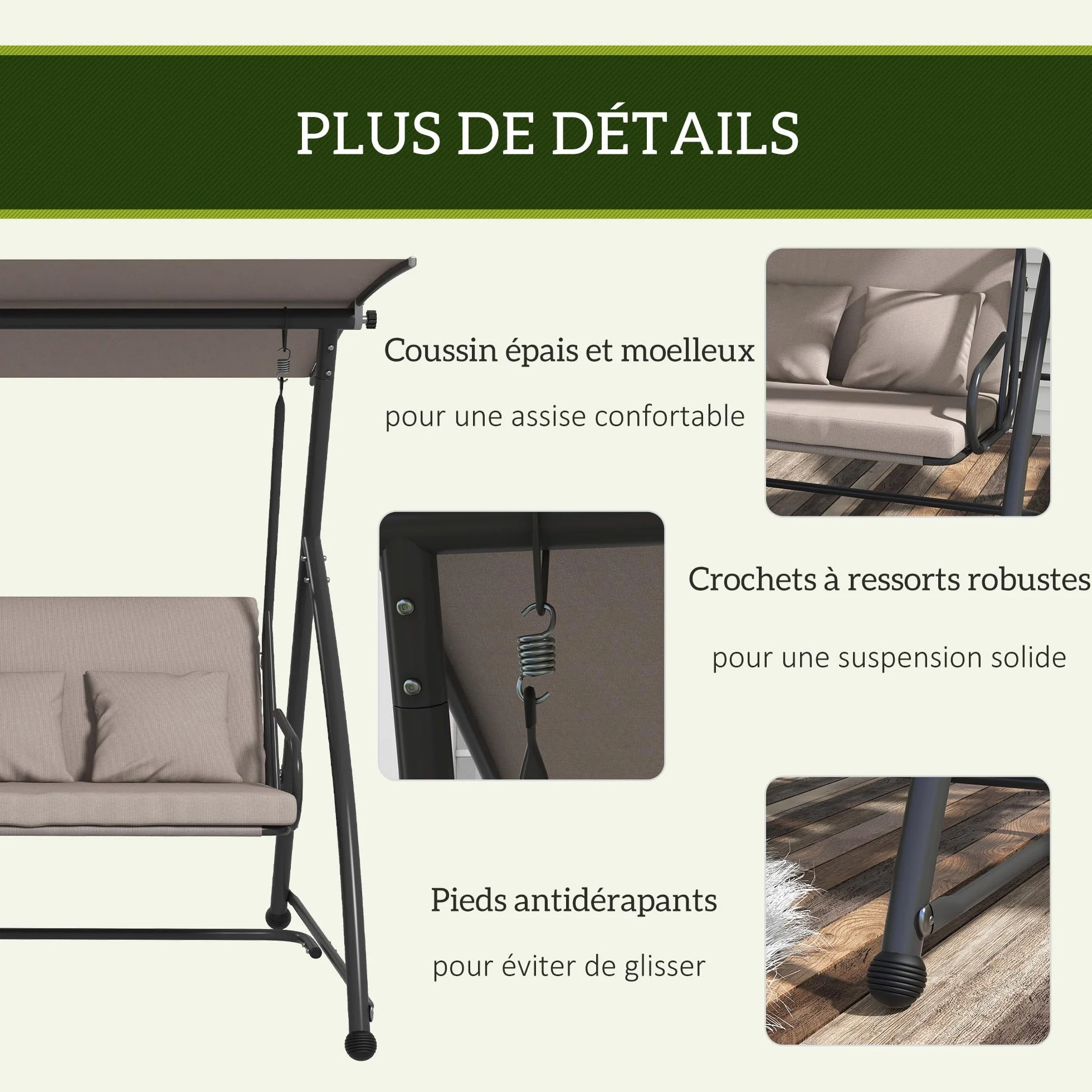 Outsunny Balancelle de Jardin 3 Places Convertible Toit Inclinaison Réglable 218x120x168 cm Marron Clair