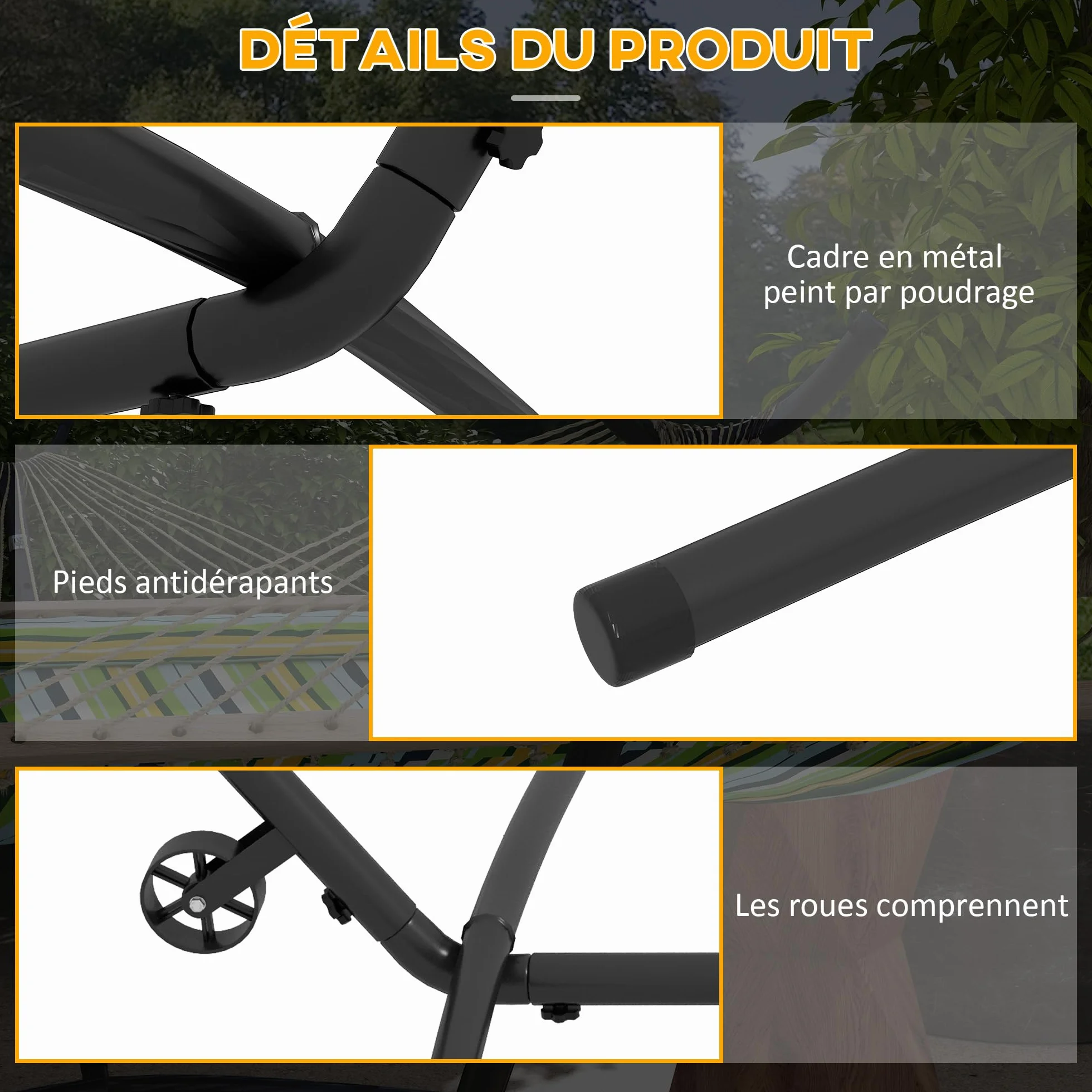 Outsunny Support Pied de hamac métal époxy Hauteur réglable 6 Niveaux 290L x 120l x 115H cm Noir