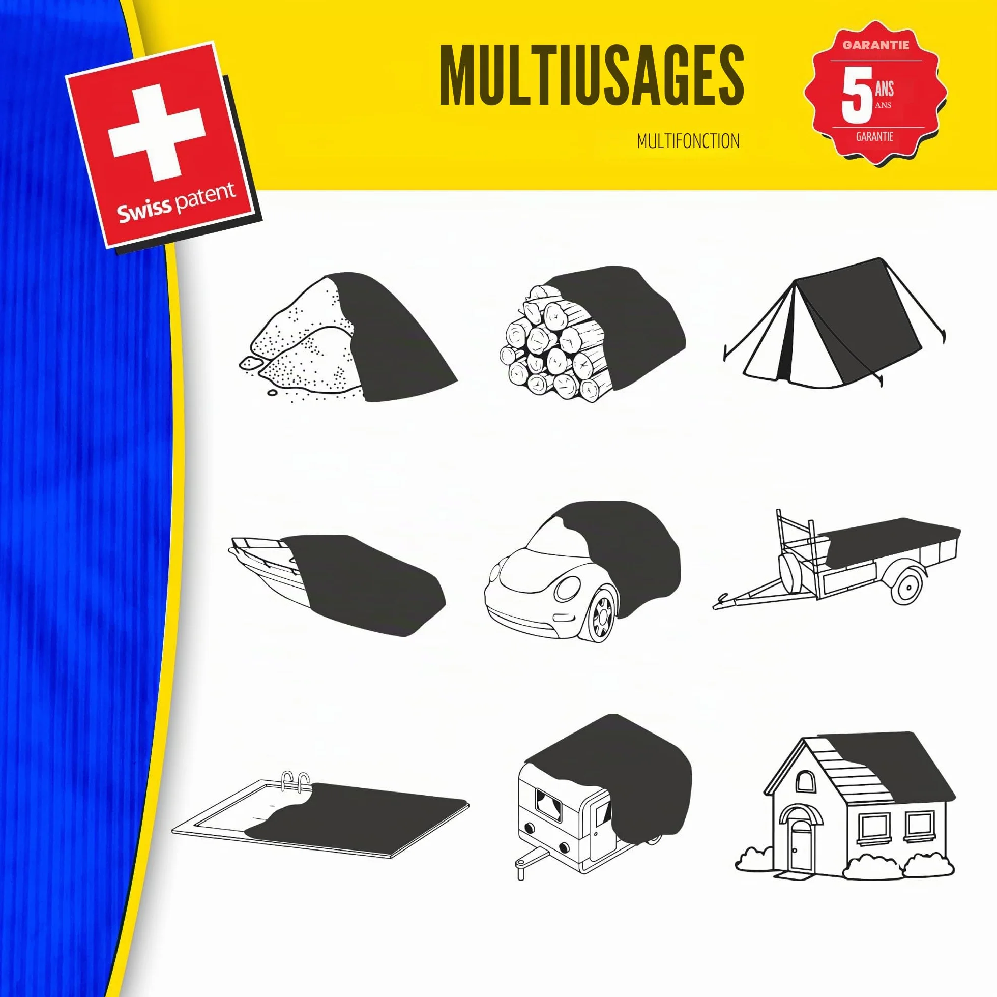 Bâche imperméable pour l'extérieur - 2x3m - 70 g/m2 - Trous soudés renforcés - Polyéthylène laminé croisé 3 Couches - Bleu - Protection Totale - Extra Forte - Bikain
