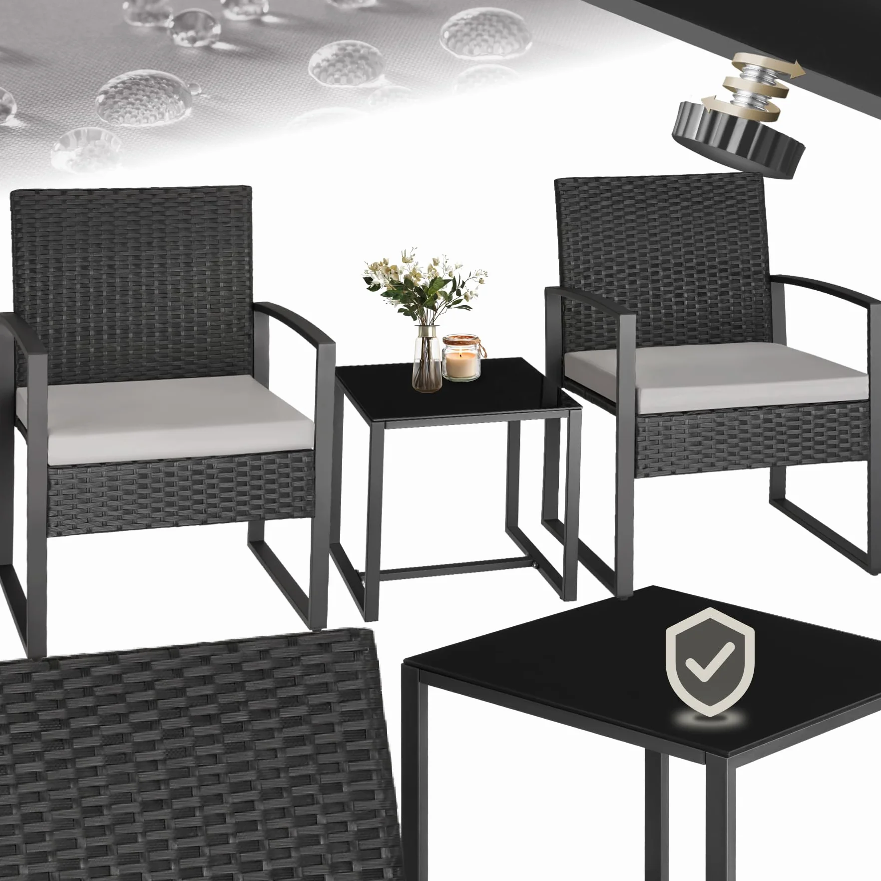 Tectake Ensemble Salon de Jardin Exterieur 2 Chaise Table Jardin Poly Rotin Acier Noir