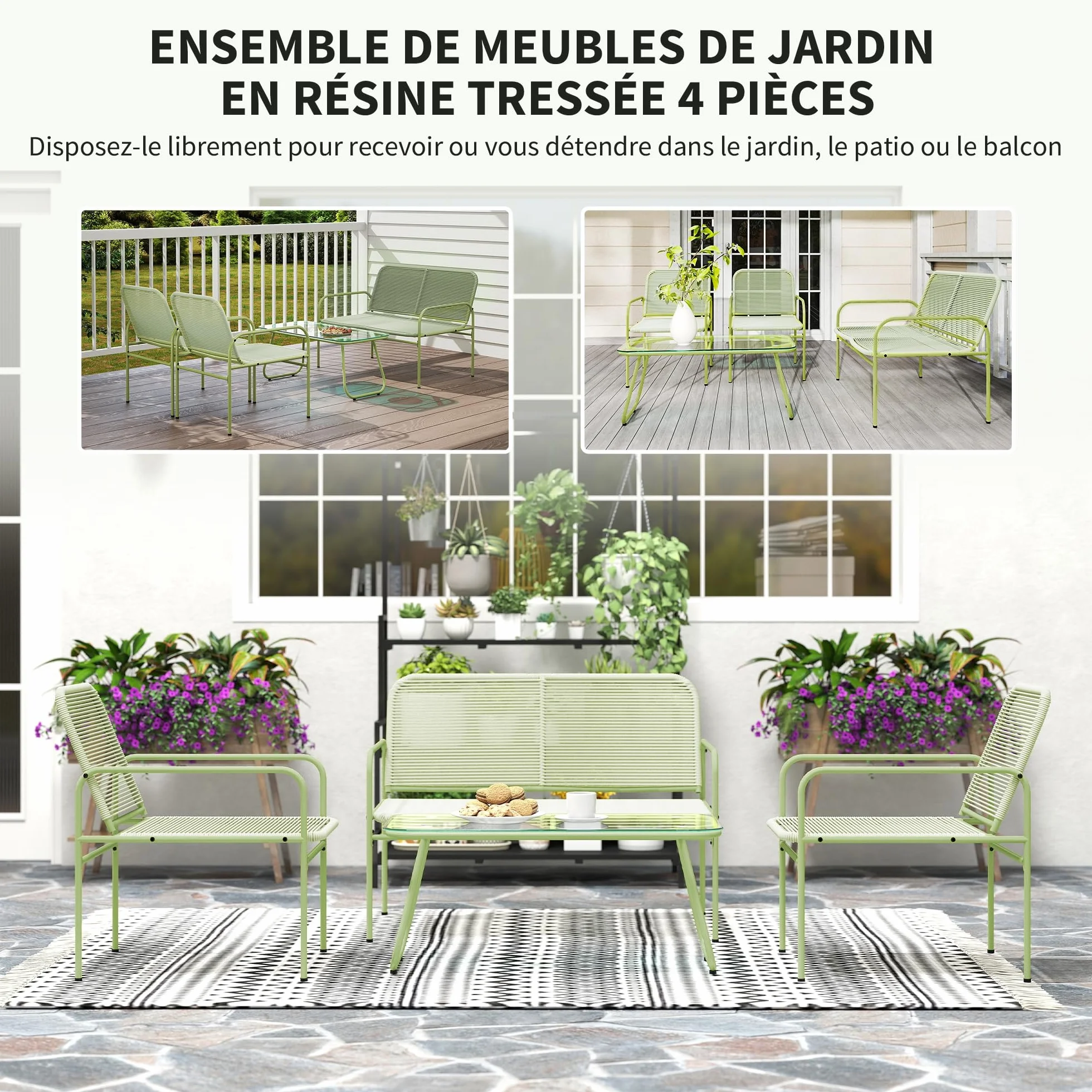 Outsunny Salon de Jardin extérieur résine tressée 4 Places canapé 2 fauteuils Table Verre trempé Acier Vert