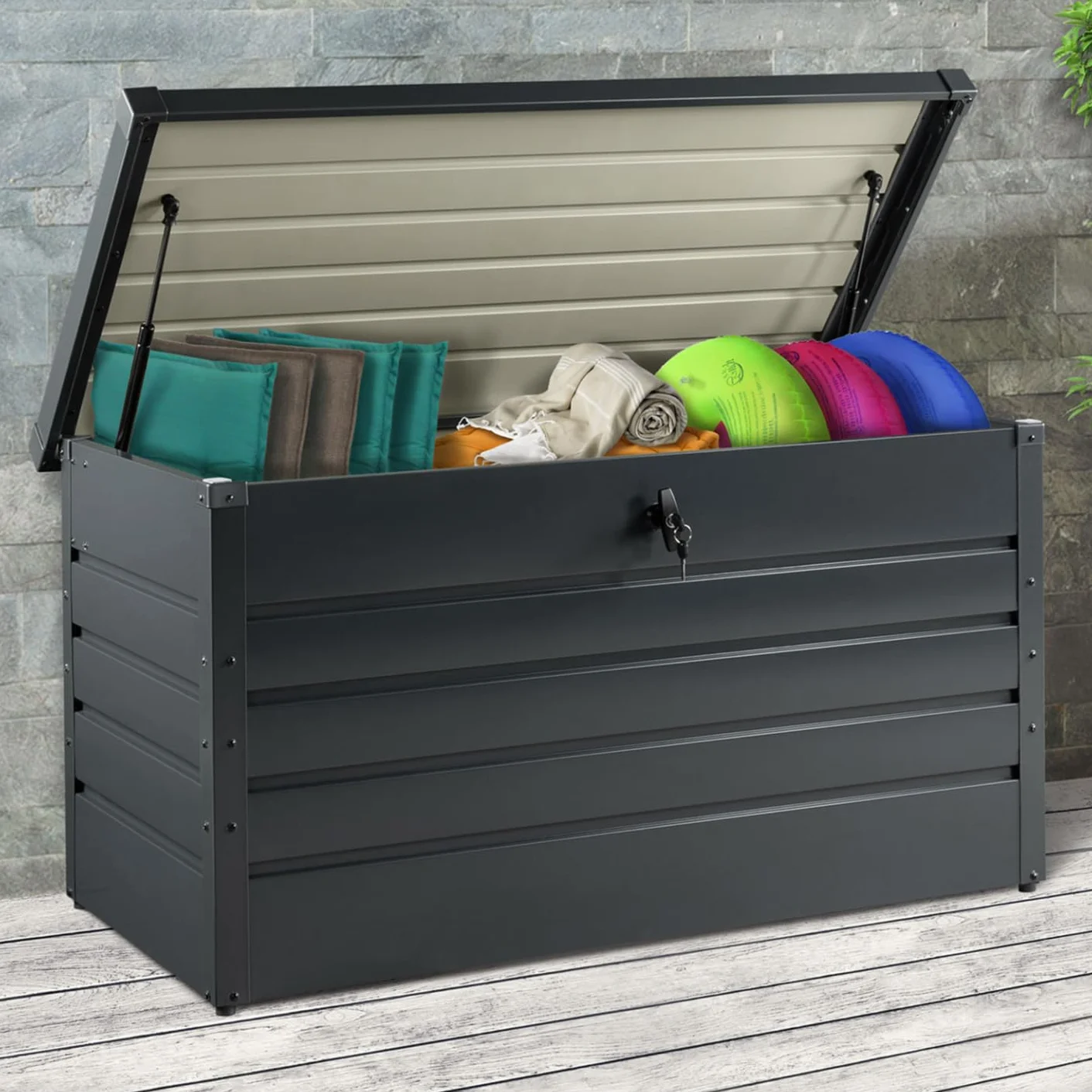 Coffre de rangement métal verrouillable gris anthracite 350L 120x62,5x63 cm