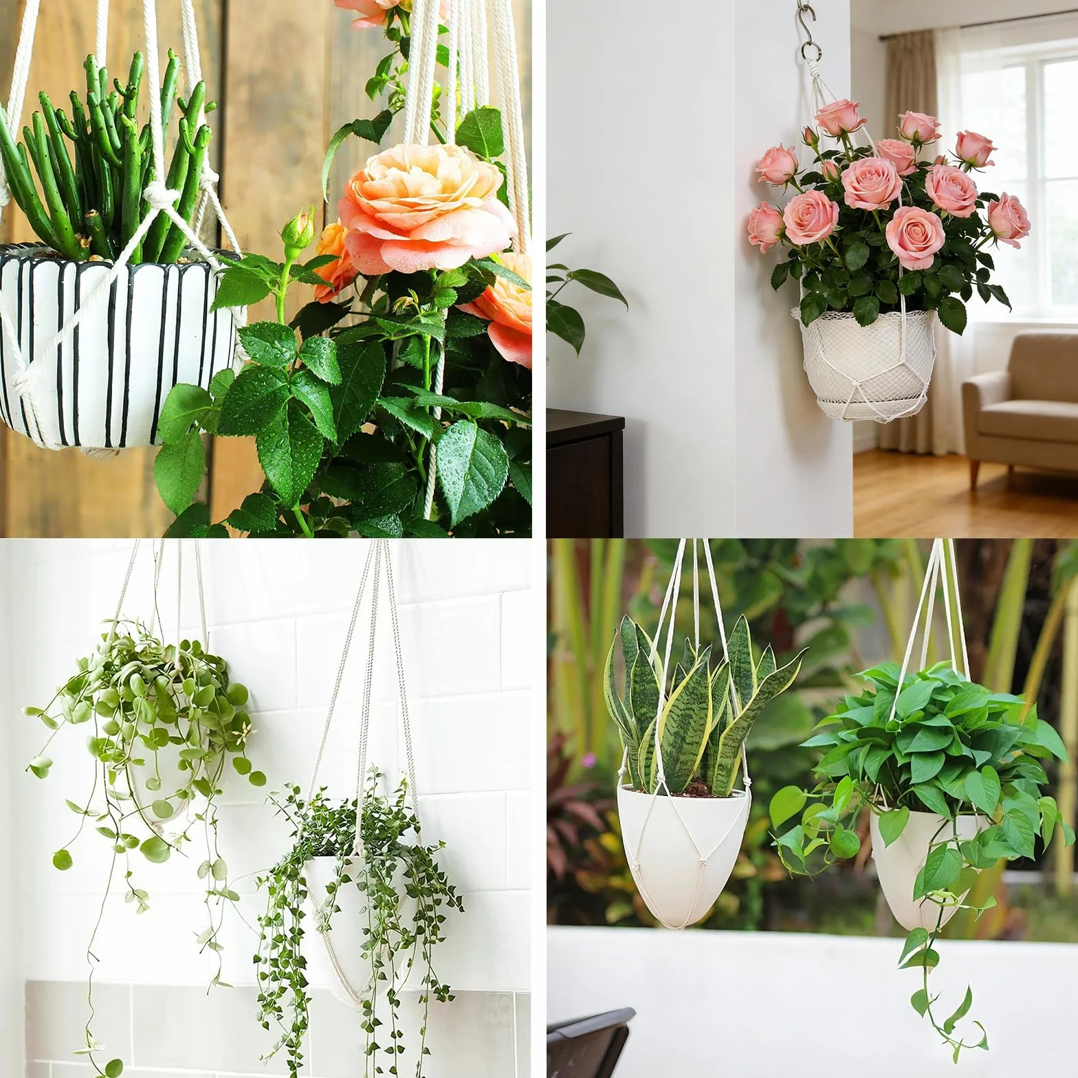 Suspension Plante Macrame Lot de 2 Coton Beige Décoration Intérieure Extérieure Bohème