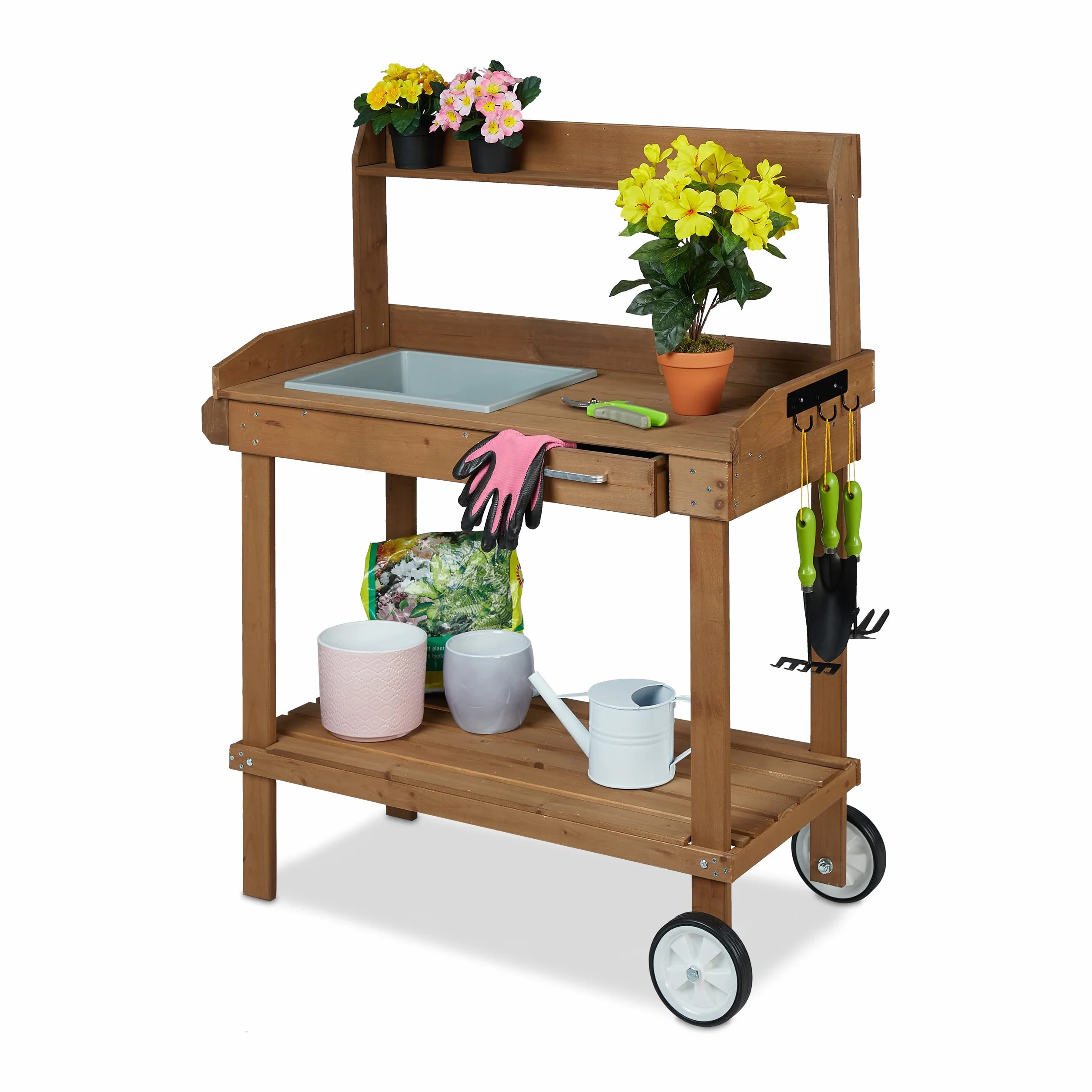 Relaxdays Table pour Plante avec Roulettes, Bac et Tiroir, Bois, Plastique, 120 x 97 x 49 cm, Brun