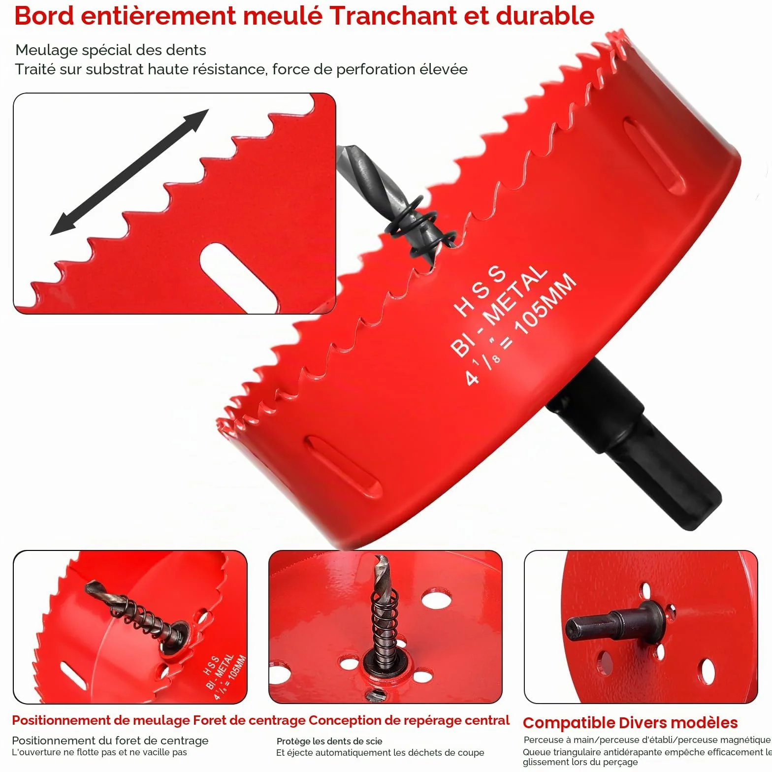 Couronne de forage de 105mm, Scie Cloche pour Bois, Foret Circulaire Bi-métal pour Placoplatre, Plastique, UPVC, Fibre de Verre