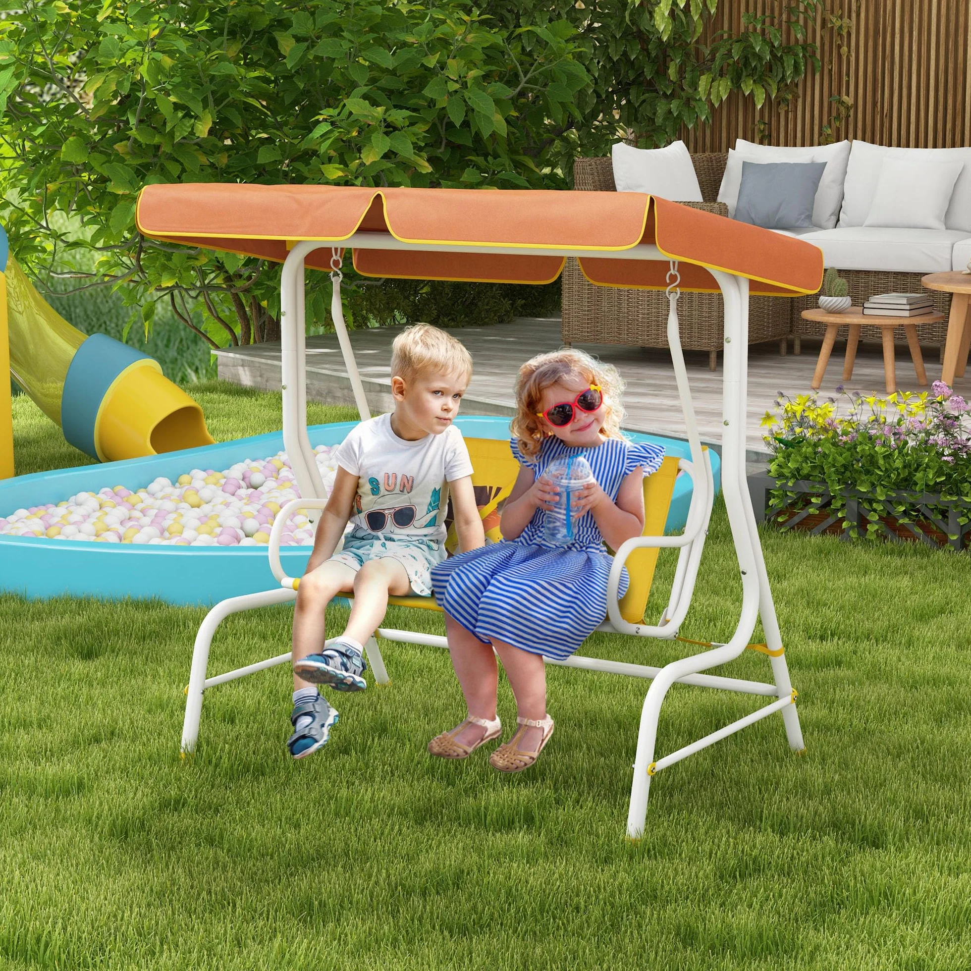 Outsunny Balancelle de jardin extérieure à 2 places motif lion, tente d'angle réglable, 60 kg, 110 x 70 x 110 cm, jaune