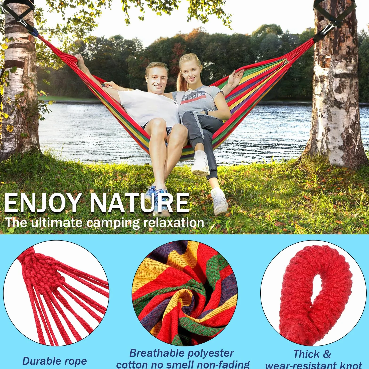 Hamac de Camping Extérieur Double 300x150cm 270kg avec Sac de Transport Sangles en Nylon