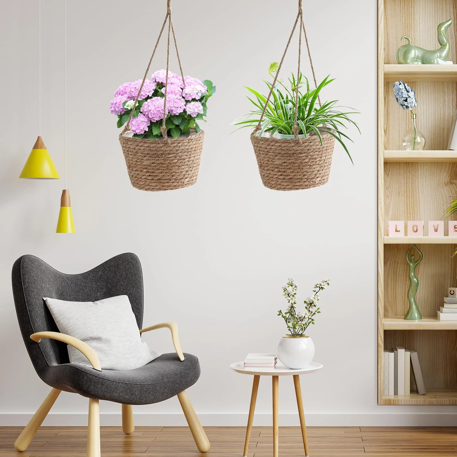 Lot de 2 Pot de Fleurs Suspendu en Jonc de Mer 20 cm Jardinière Suspendue Bohème