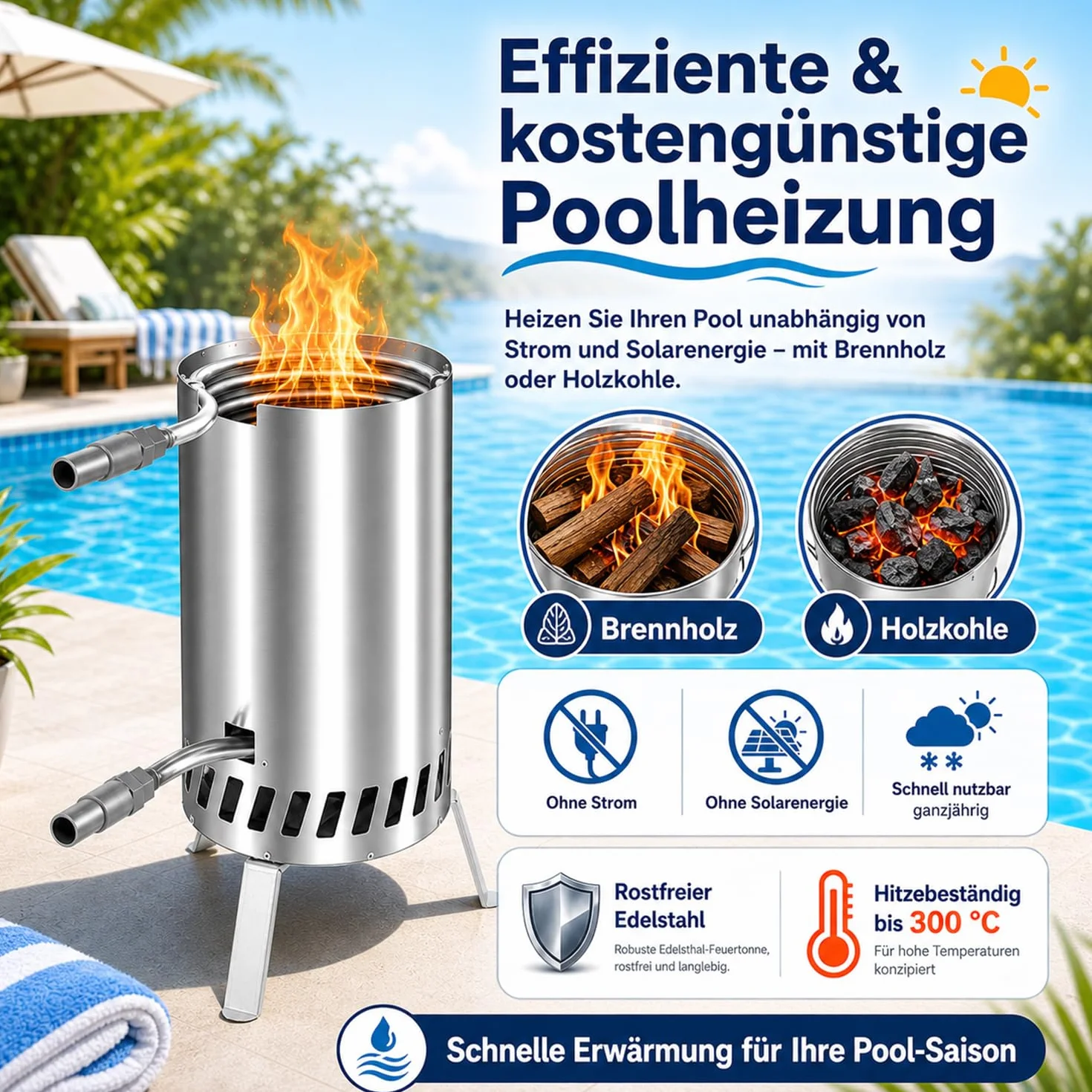 Chauffage de piscine à bois Spirale chauffante acier inoxydable 20 mm 32-38 mm 6-10 m³
