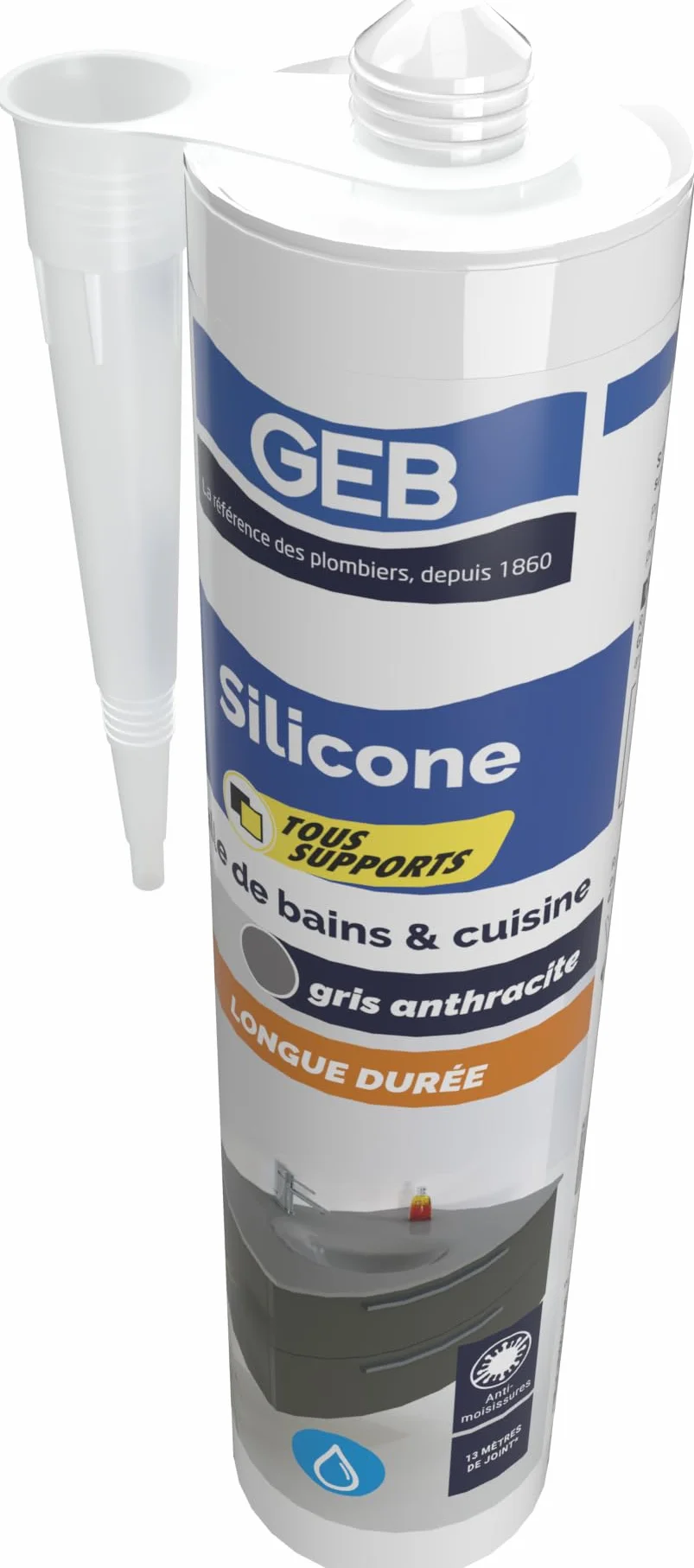 GEB Silicone Sanitaire Tous Supports – Baignoire, Douche, Lavabo, Évier – Anti-Moisissures, Sans Odeur, Longue Durée – Gris anthracite – 280 ml