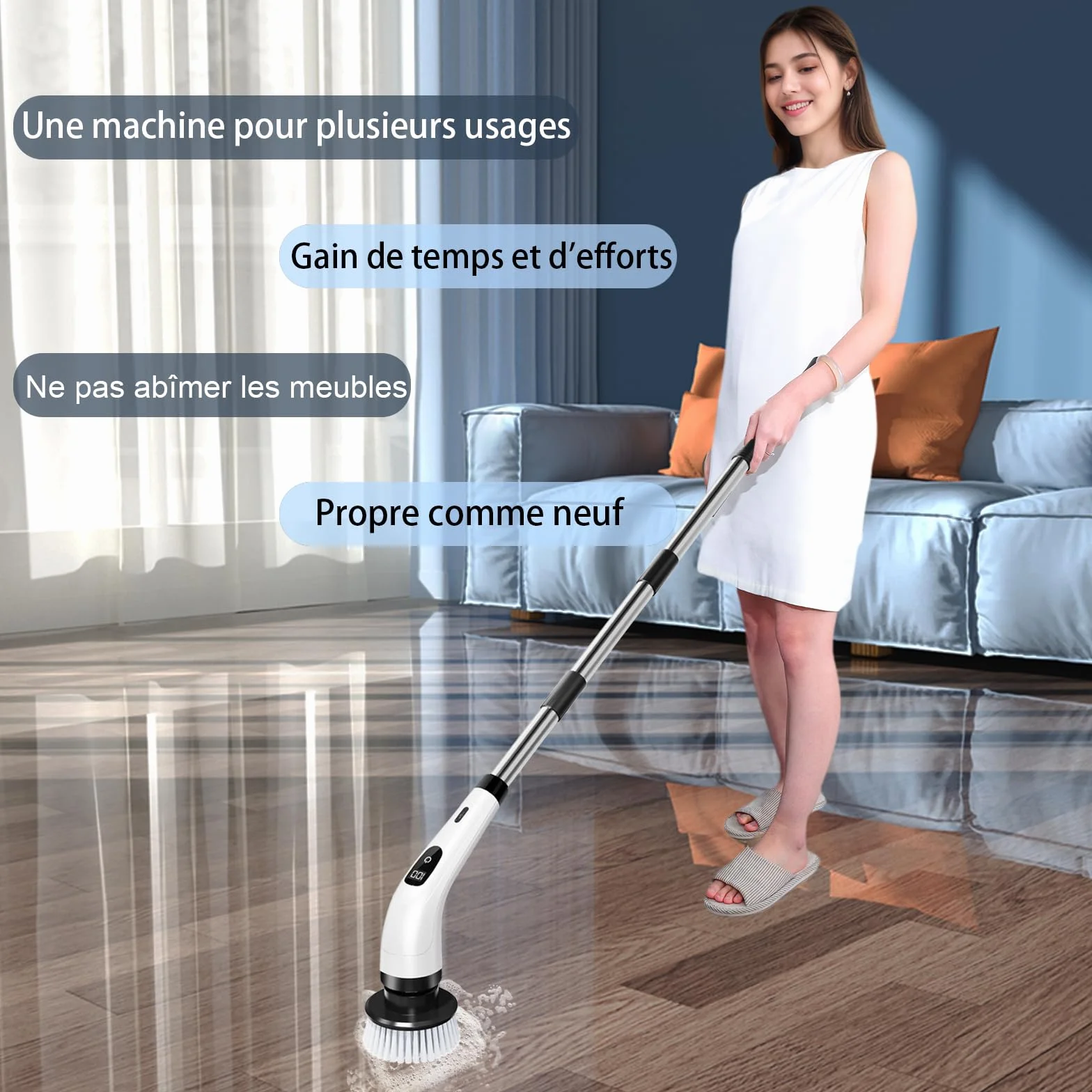 Brosse à récurer électrique, Brosse de Nettoyage sans Fil avec 8 têtes, Manche Long télescopique, Brosse nettoyante Rechargeable, Charge USB-C, pour Sol,Salle de Bain, Cuisine, Douche et Baignoire