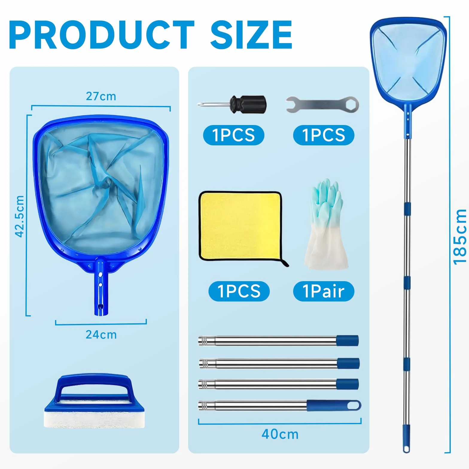 Épuisette Piscine 185cm Tige Télescopique Kit Nettoyage Brosse Serviette